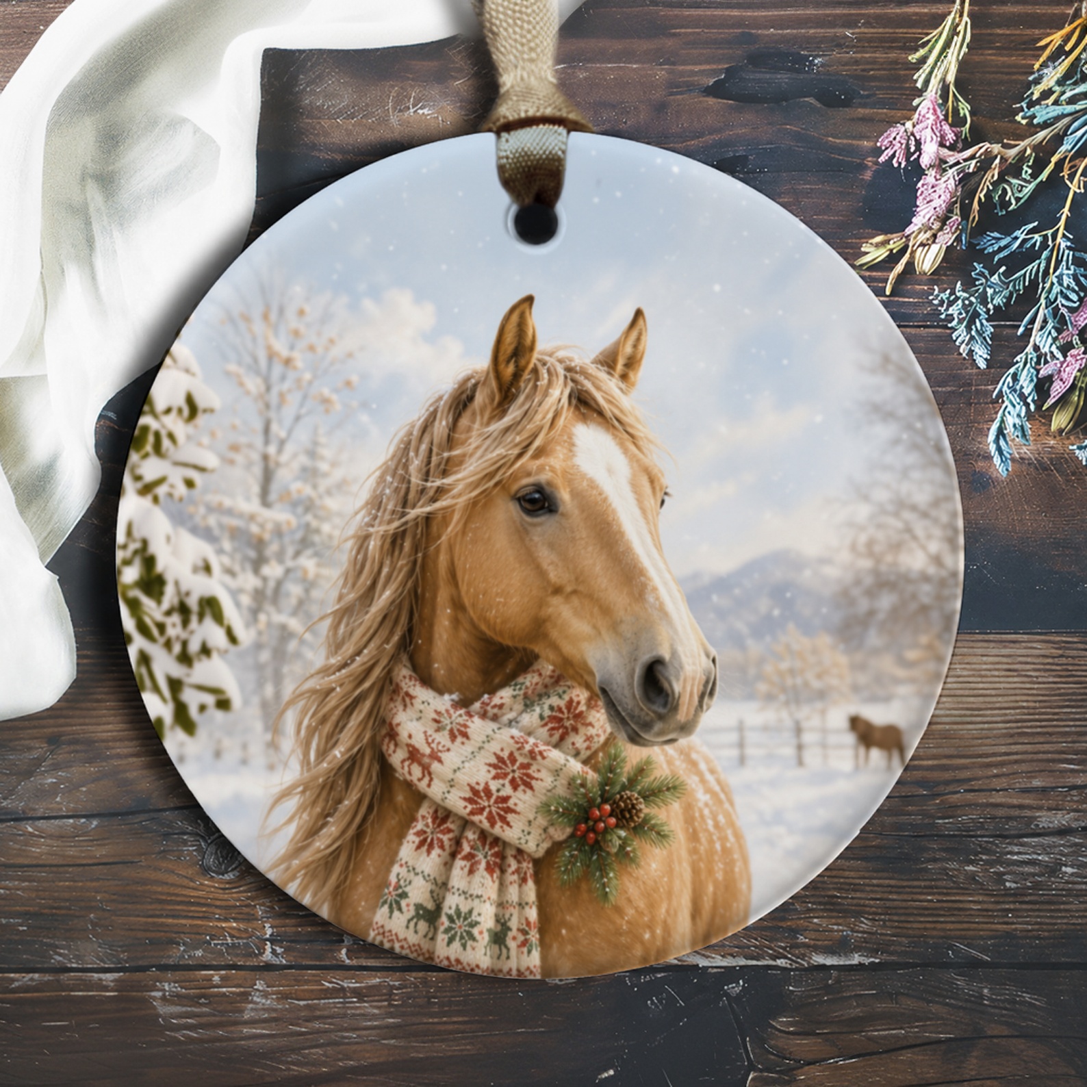 Horse Christmas Ornament Winter Scarf Holiday Decor Rustic Animal Lover Gift Snowy Scene Equestrian Tree Decoration O171