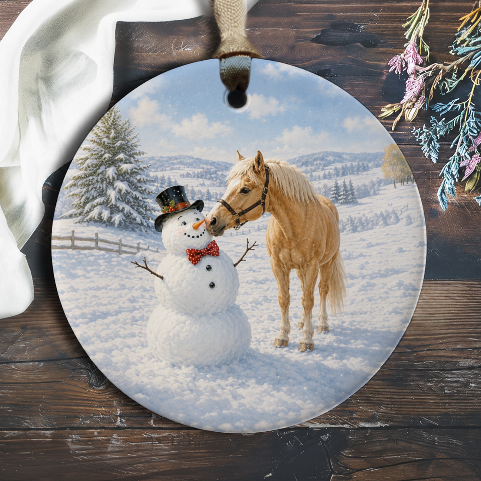 Horse And Snowman Christmas Ornament Winter Scene Holiday Decor Cute Animal Lover Gift Snowy Landscape O188