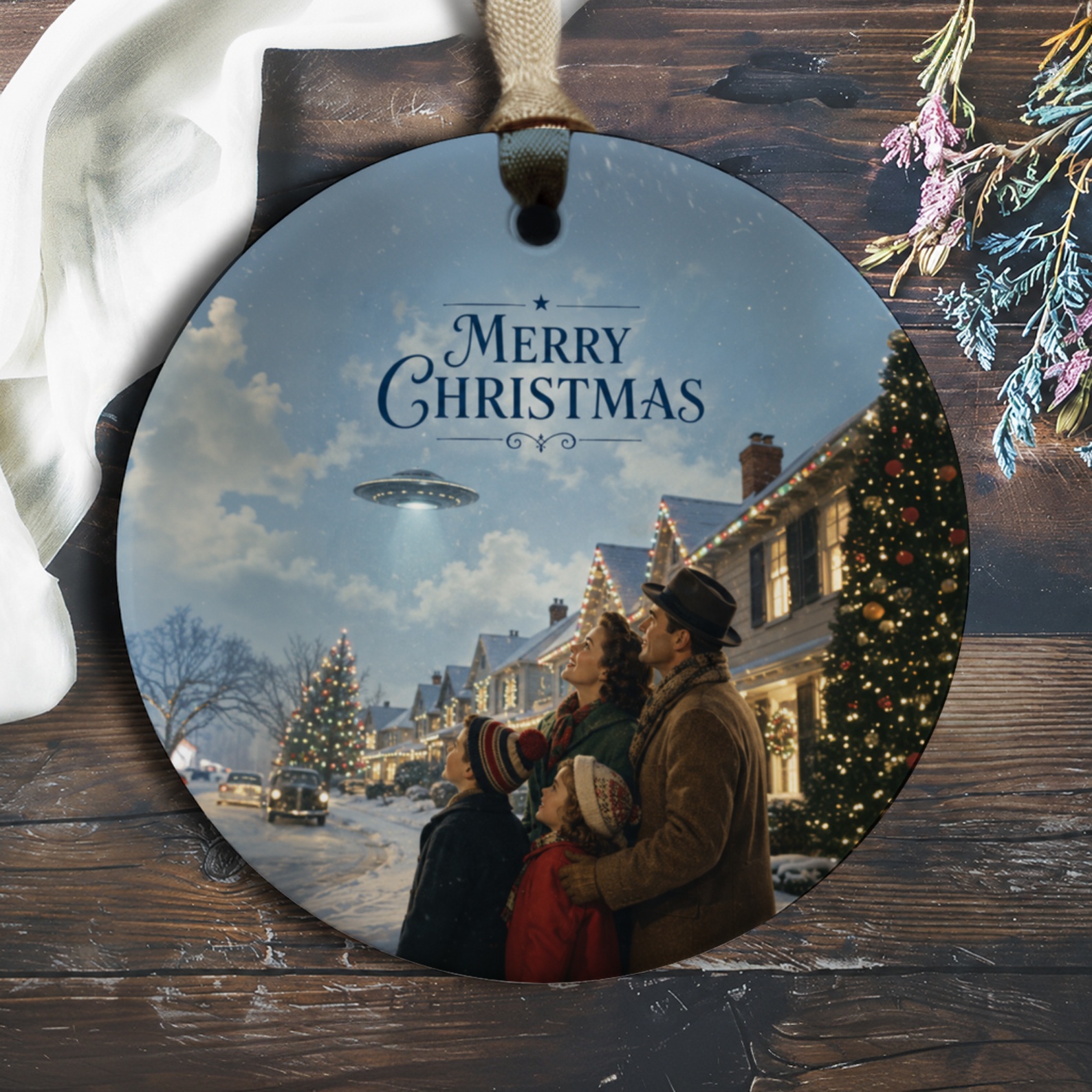 Merry Christmas Ornament Family Ufo Winter Scene Holiday Decor Unique Christmas Tree Decoration O190