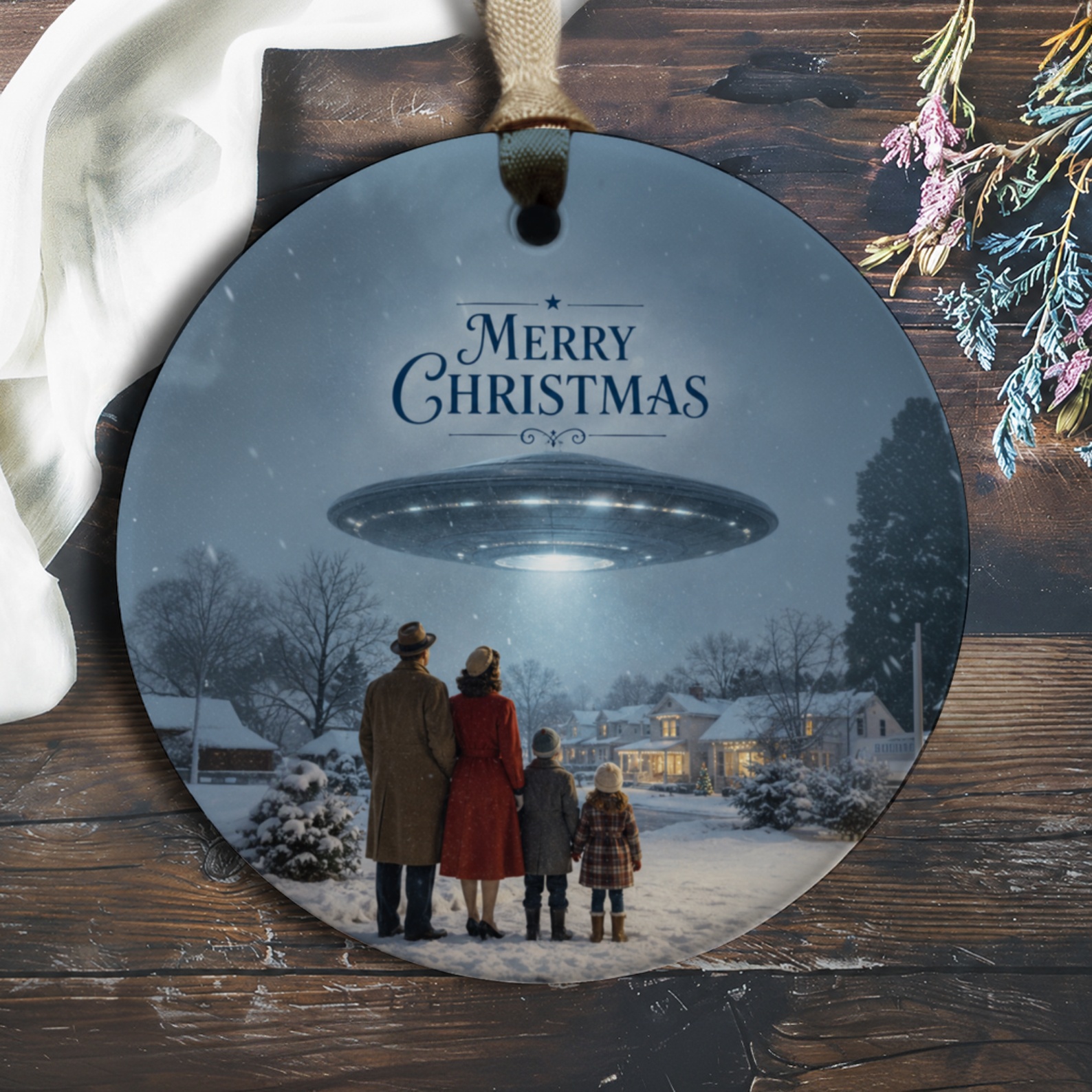 Merry Christmas Ornament Family Ufo Scene Holiday Decor Unique Christmas Tree Decoration Winter Wonderland O191