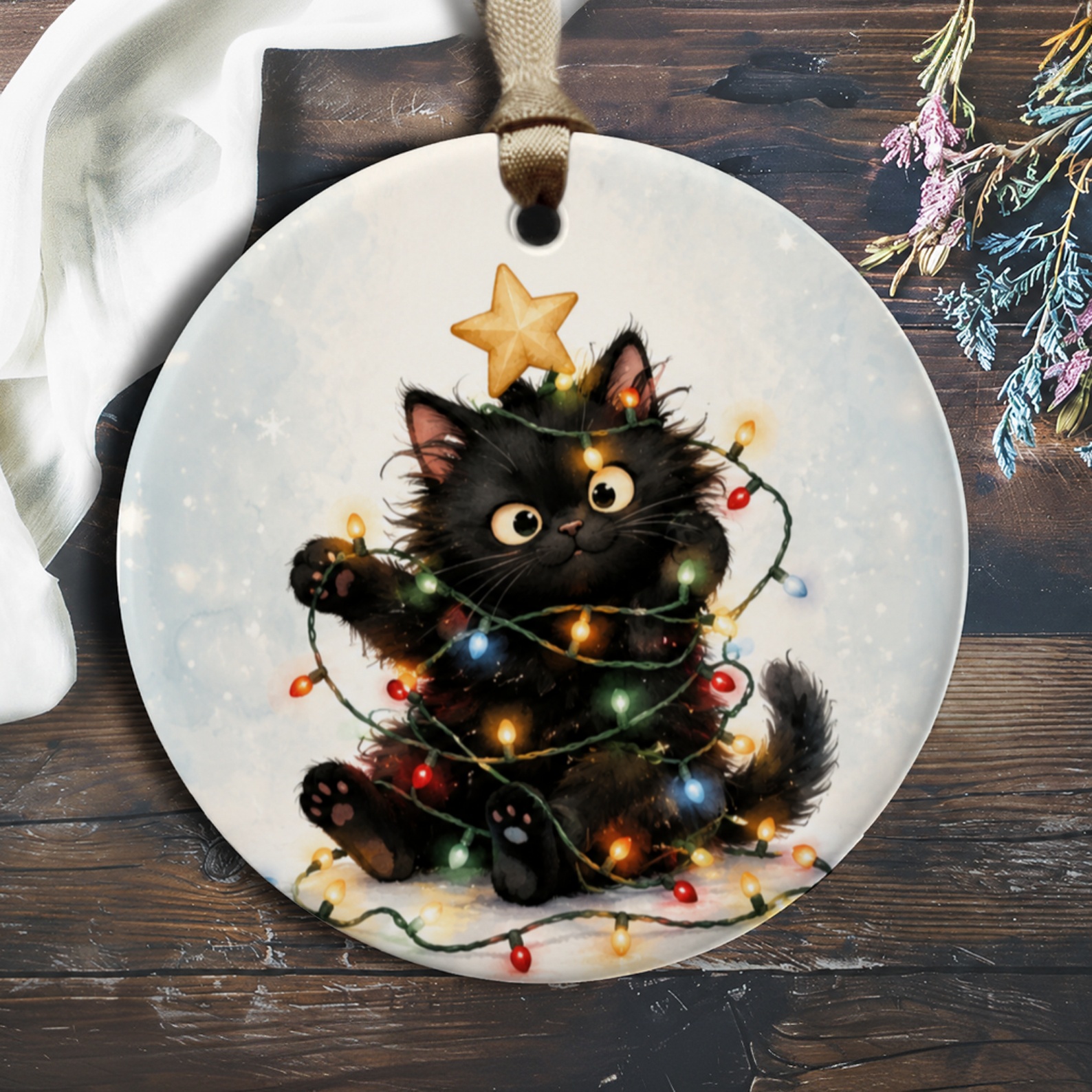 Black Cat Christmas Ornament Cute Holiday Decor Cat Lover Gift Festive Tree Decoration Adorable Kitten With Lights O192