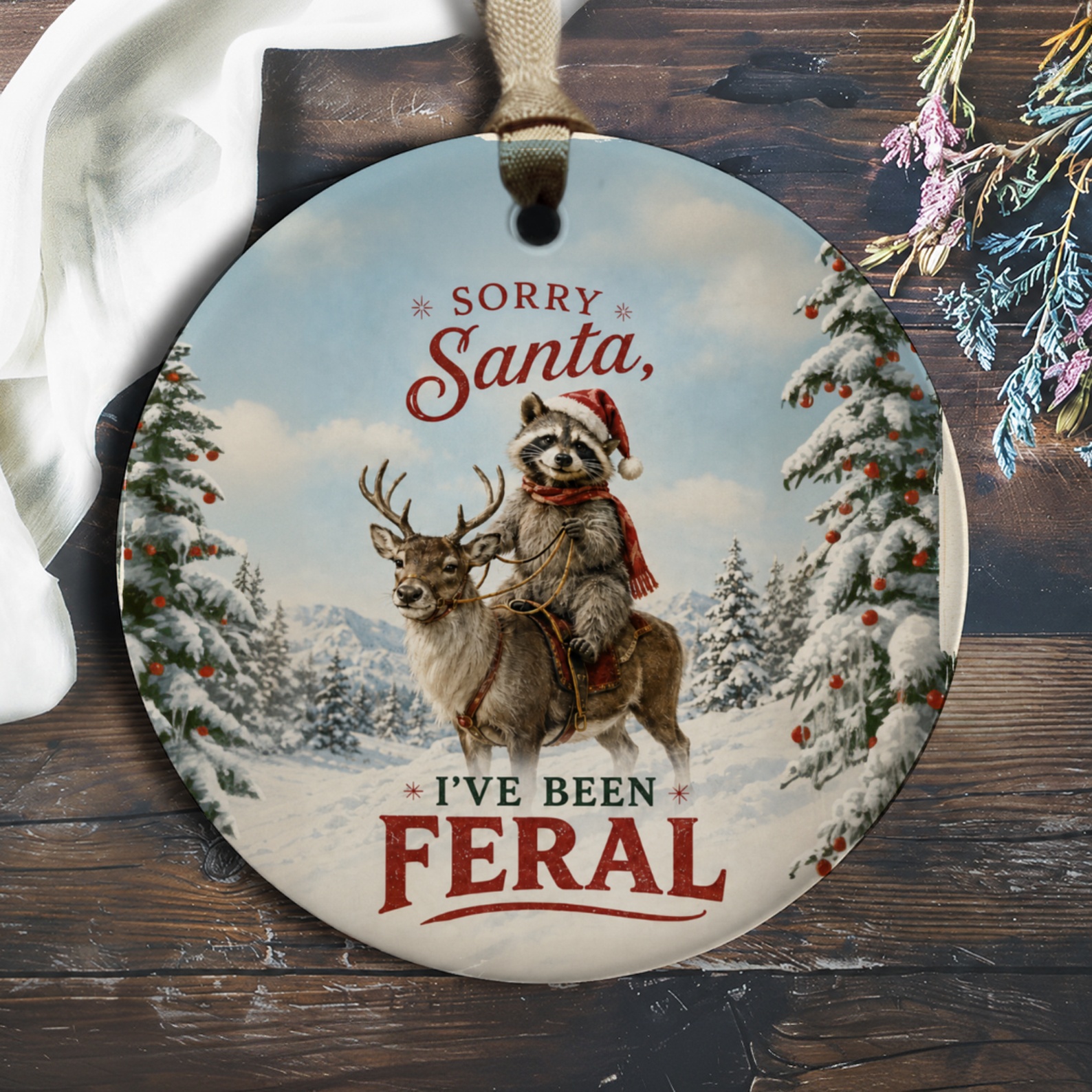 Sorry Santa, I've Been Feral Funny Christmas Ornament Raccoon On Reindeer Holiday Decor Cute Animal Winter Scene Gift O173
