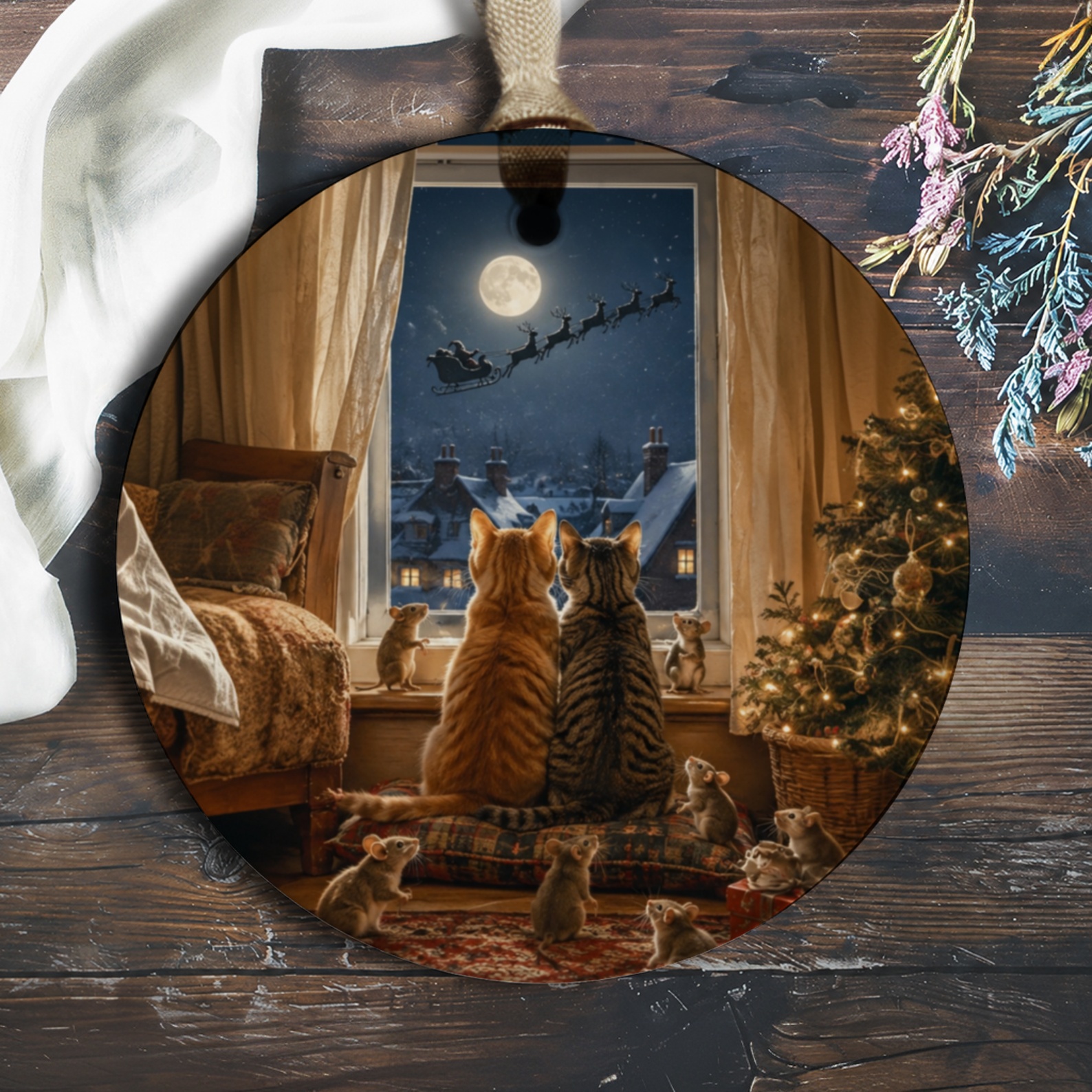 Cats And Mice Watching Santa Christmas Ornament Cute Holiday Decor For Cat Lovers Festive Tree Decoration Animal Lover Gift O179