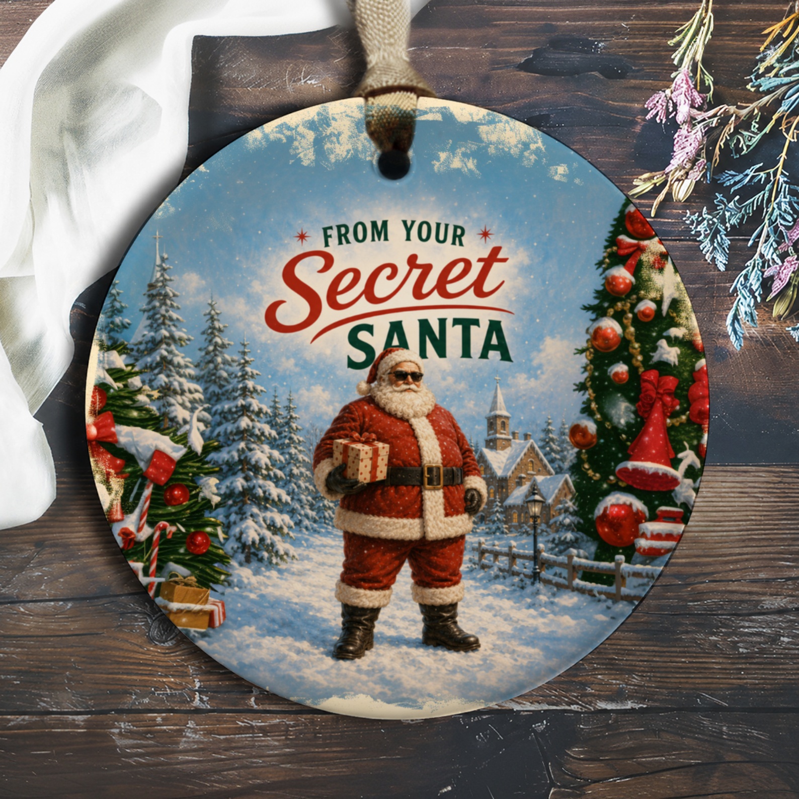 From Your Secret Santa Christmas Ornament Santa With Gift Holiday Decor Festive Tree Decoration Winter Wonderland Scene O185