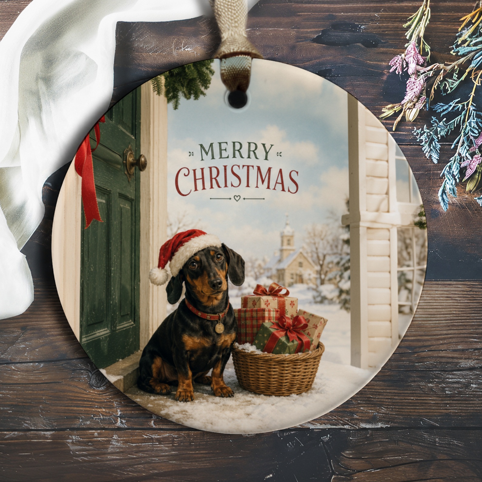 Merry Christmas Ornament Cute Dog With Santa Hat Holiday Decor Festive Dachshund Gift Basket Winter Scene O200