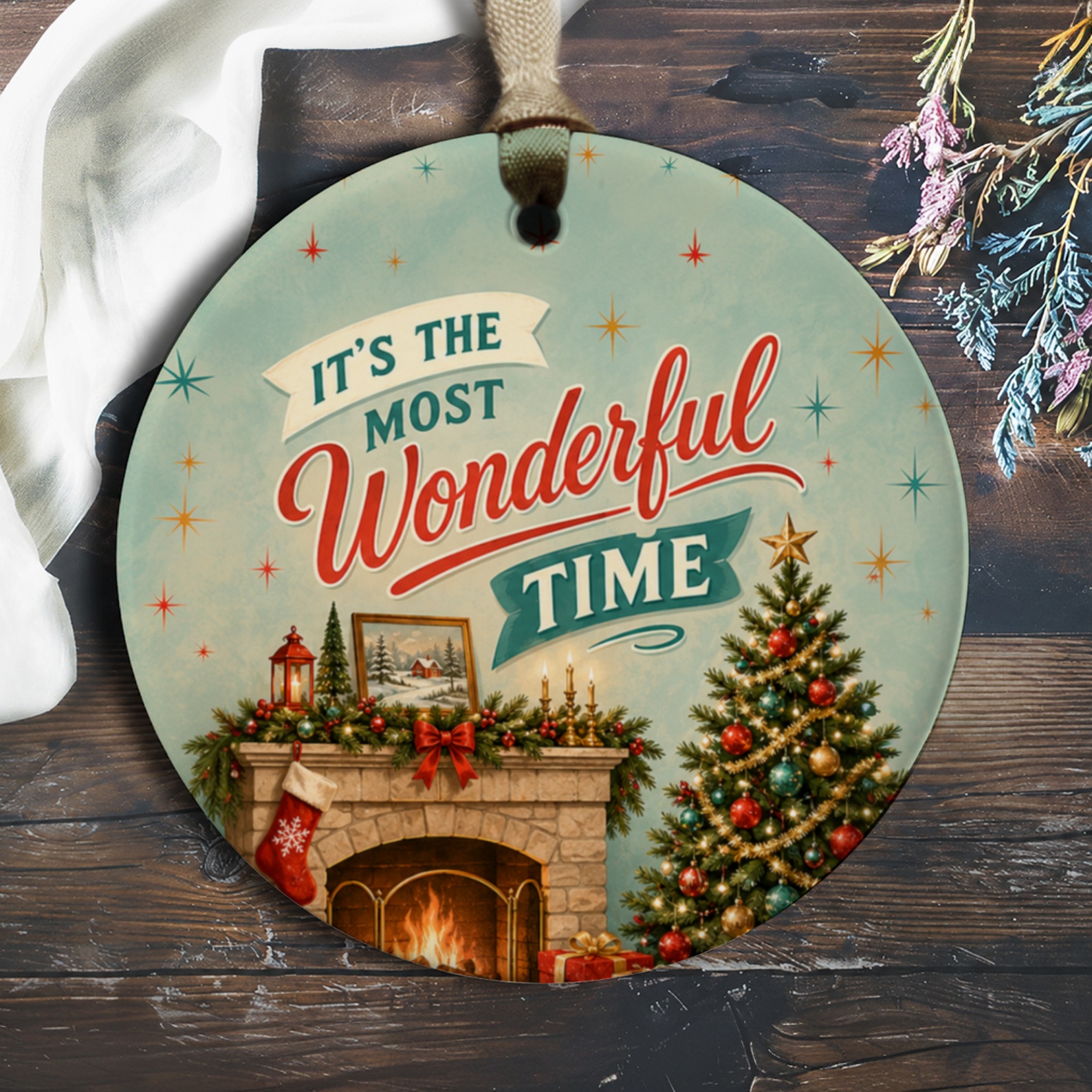 It's The Most Wonderful Time Christmas Ornament Holiday Decor Festive Fireplace Scene Xmas Tree Decoration Winter Home Accent O186