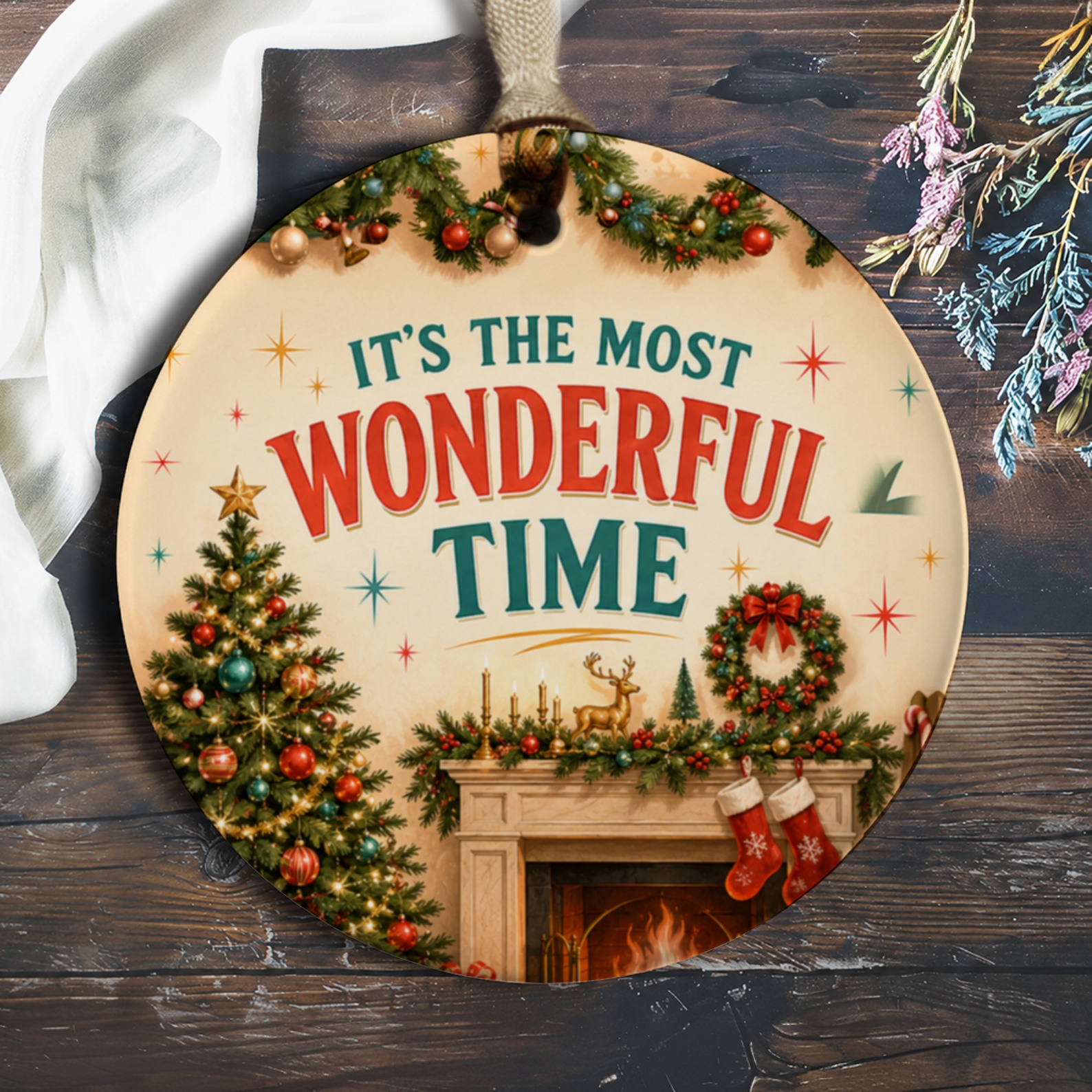 It's The Most Wonderful Time Christmas Ornament Holiday Decor Festive Tree Decoration Winter Fireplace Scene O187
