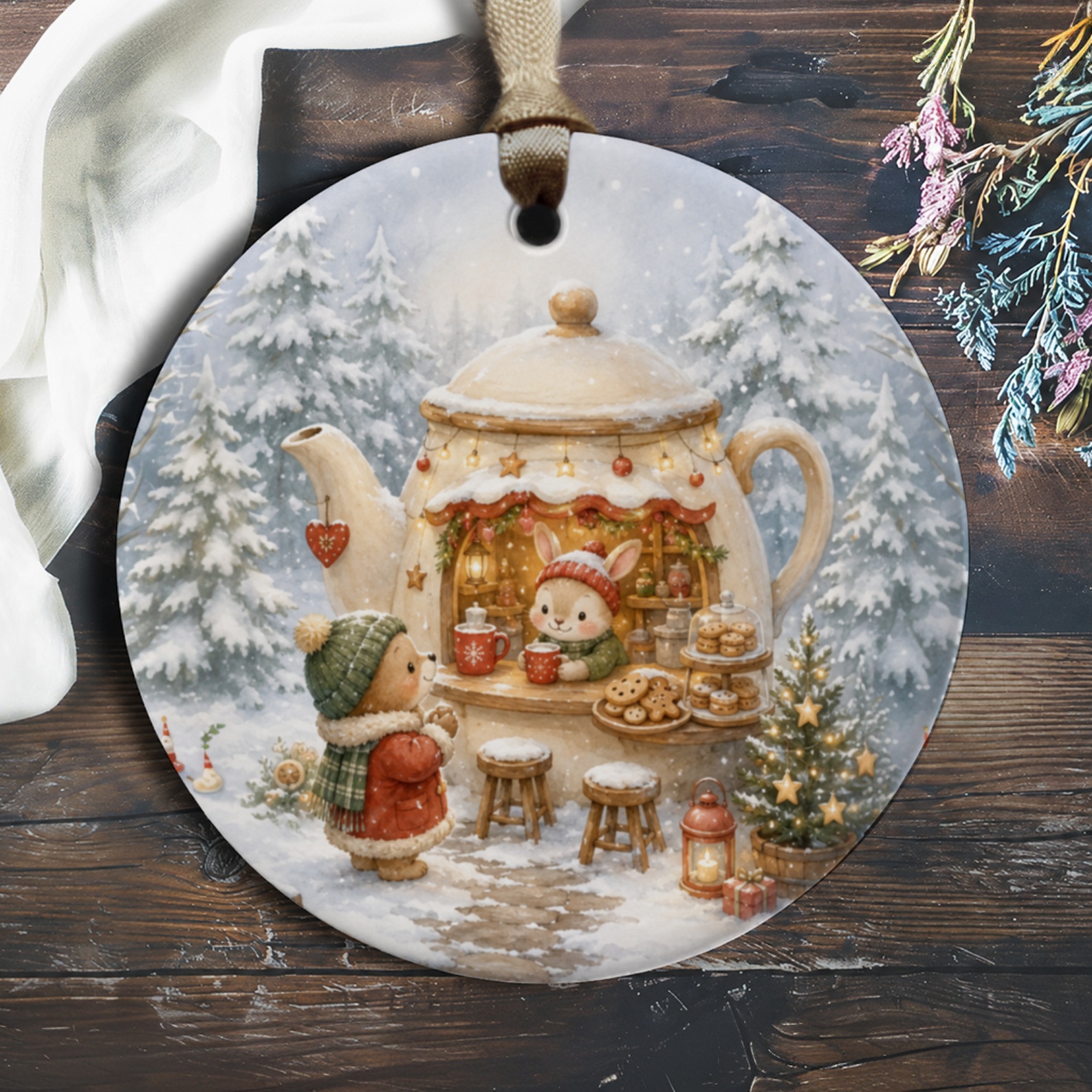 Winter Teapot Scene Ornament Christmas Decor Cute Animal Holiday Ornament Snowy Forest Decoration Gift For Her O202