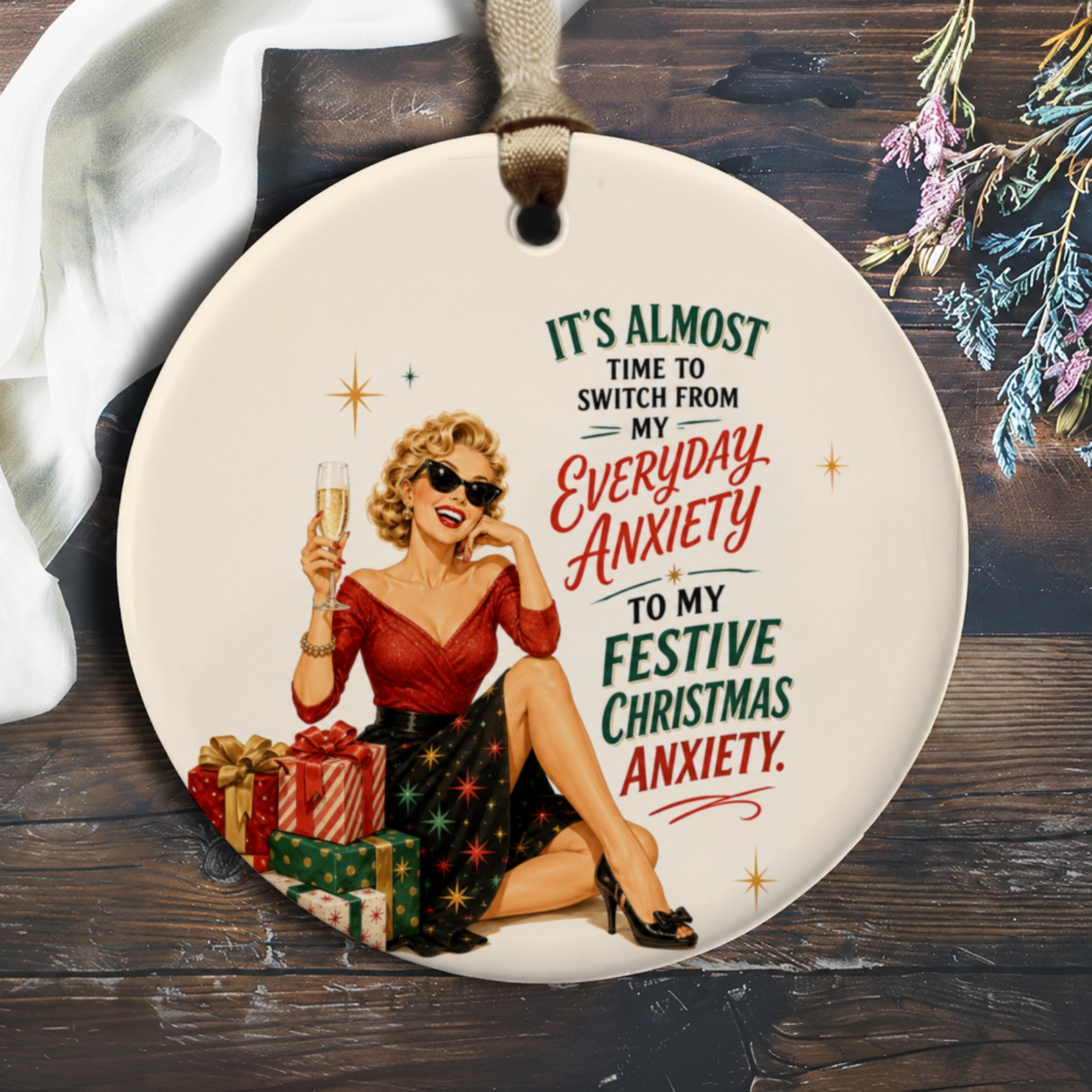 It's Almost Time To Switch From My Everyday Anxiety To My Festive Christmas Anxiety Ornament Retro Christmas Decor Funny Holiday G O210