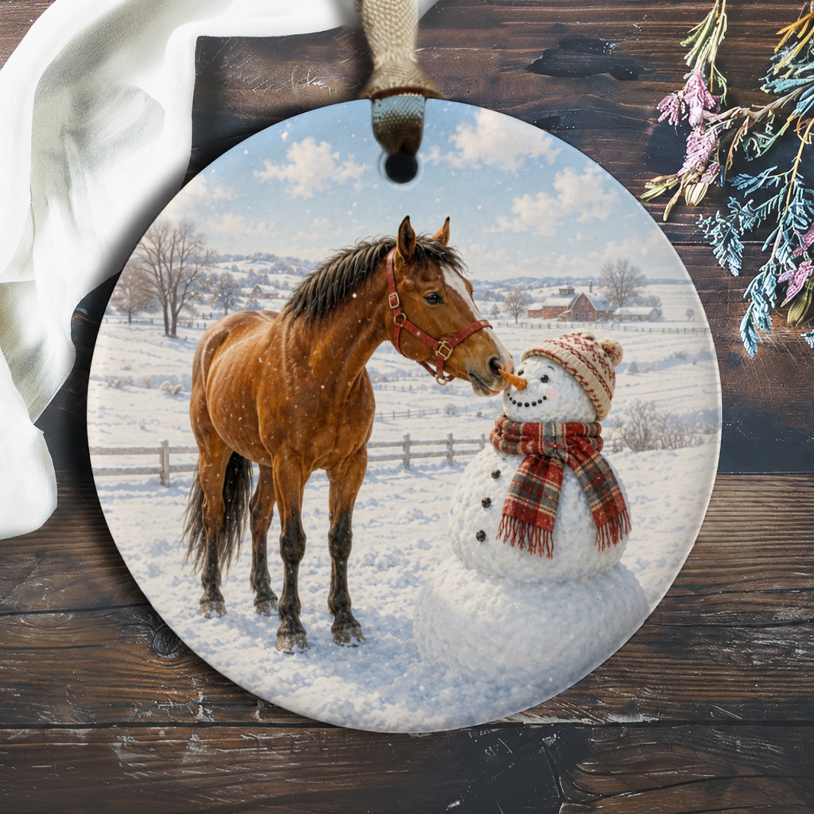 Horse And Snowman Ornament Winter Scene Christmas Ornament Rustic Farmhouse Decor Holiday Gift For Horse Lover O215