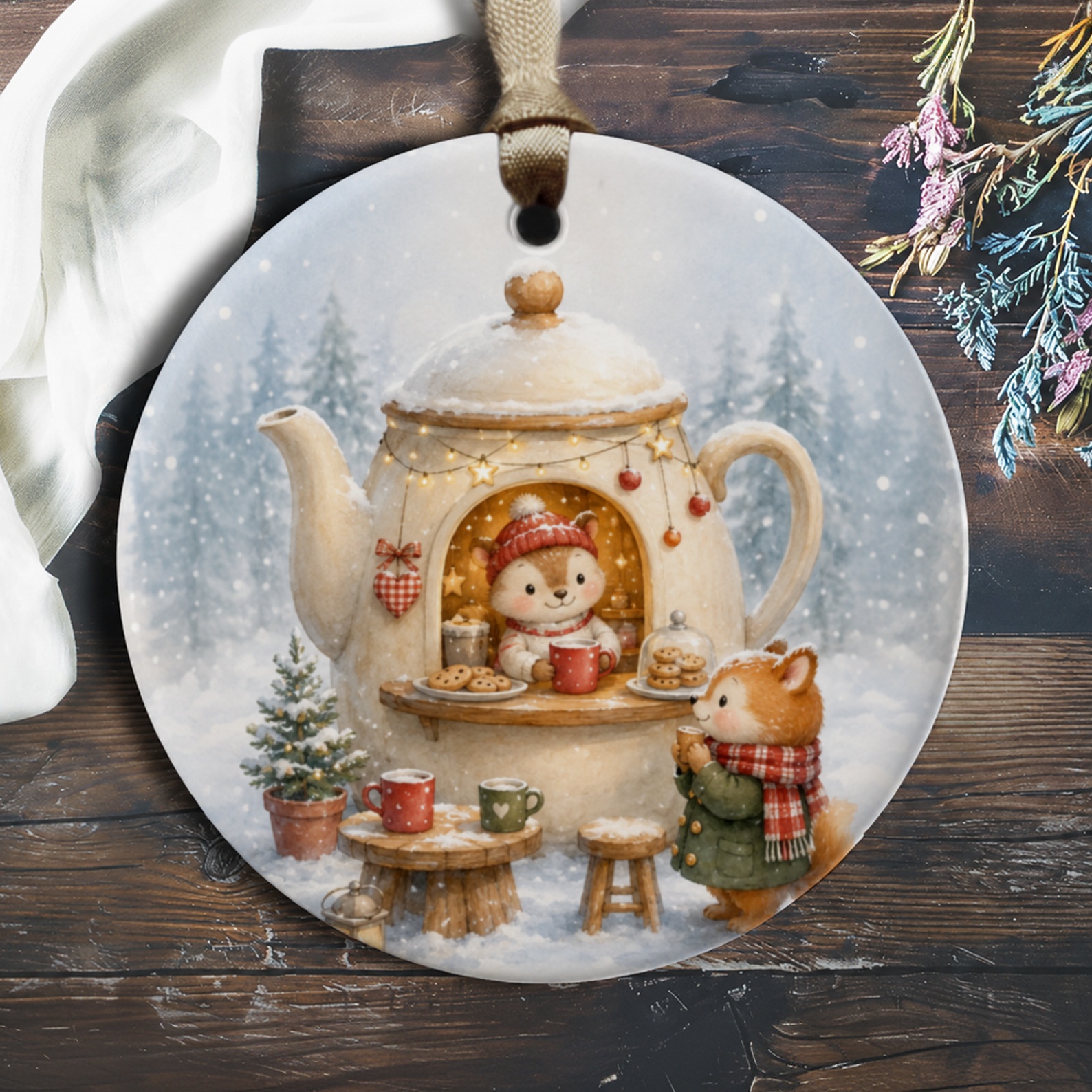 Woodland Animals Teapot Cafe Christmas Ornament Cute Winter Scene Holiday Decor Cozy Animal Lovers Gift O203