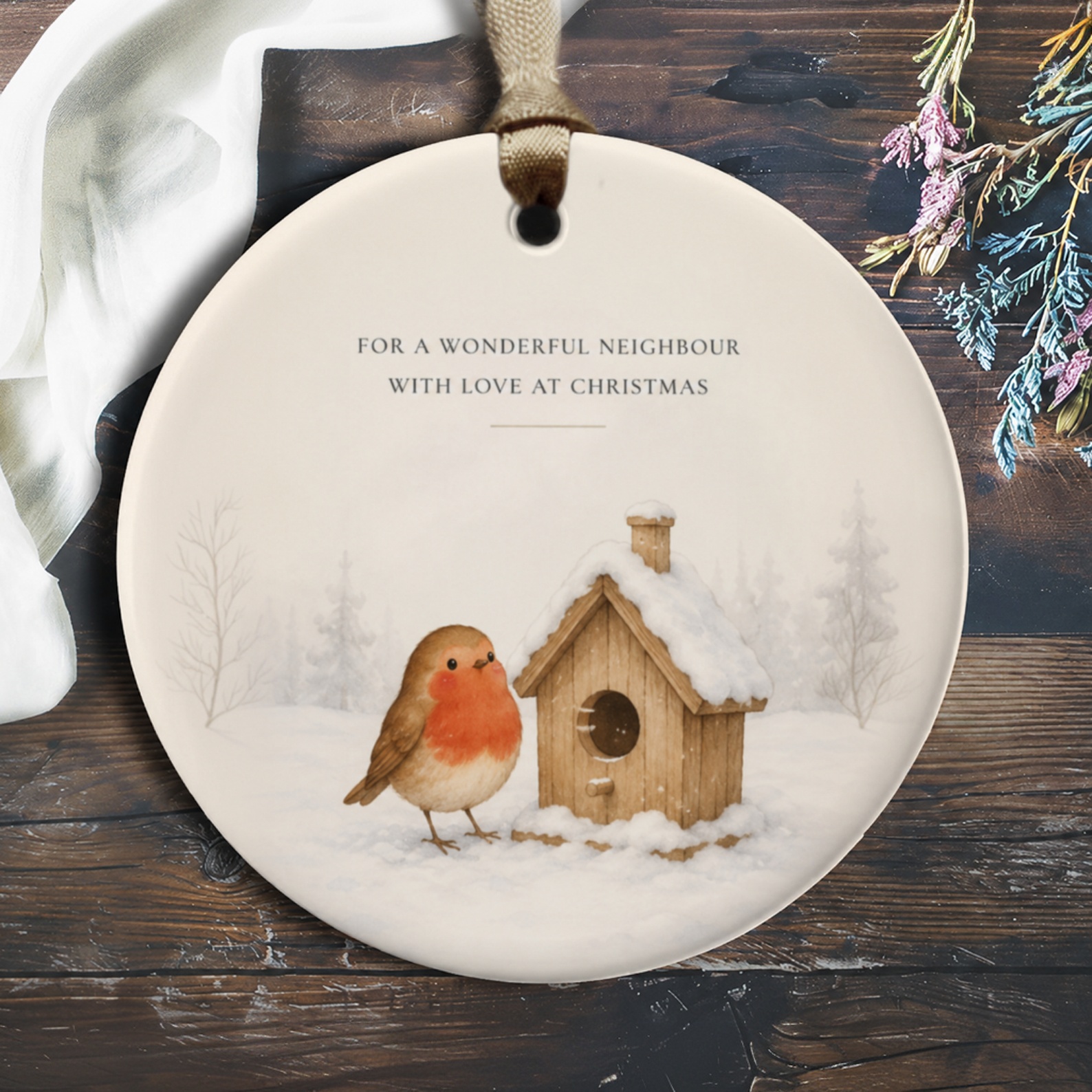 For A Wonderful Neighbour With Love At Christmas Ornament Robin Birdhouse Winter Scene Christmas Gift Decoration O209