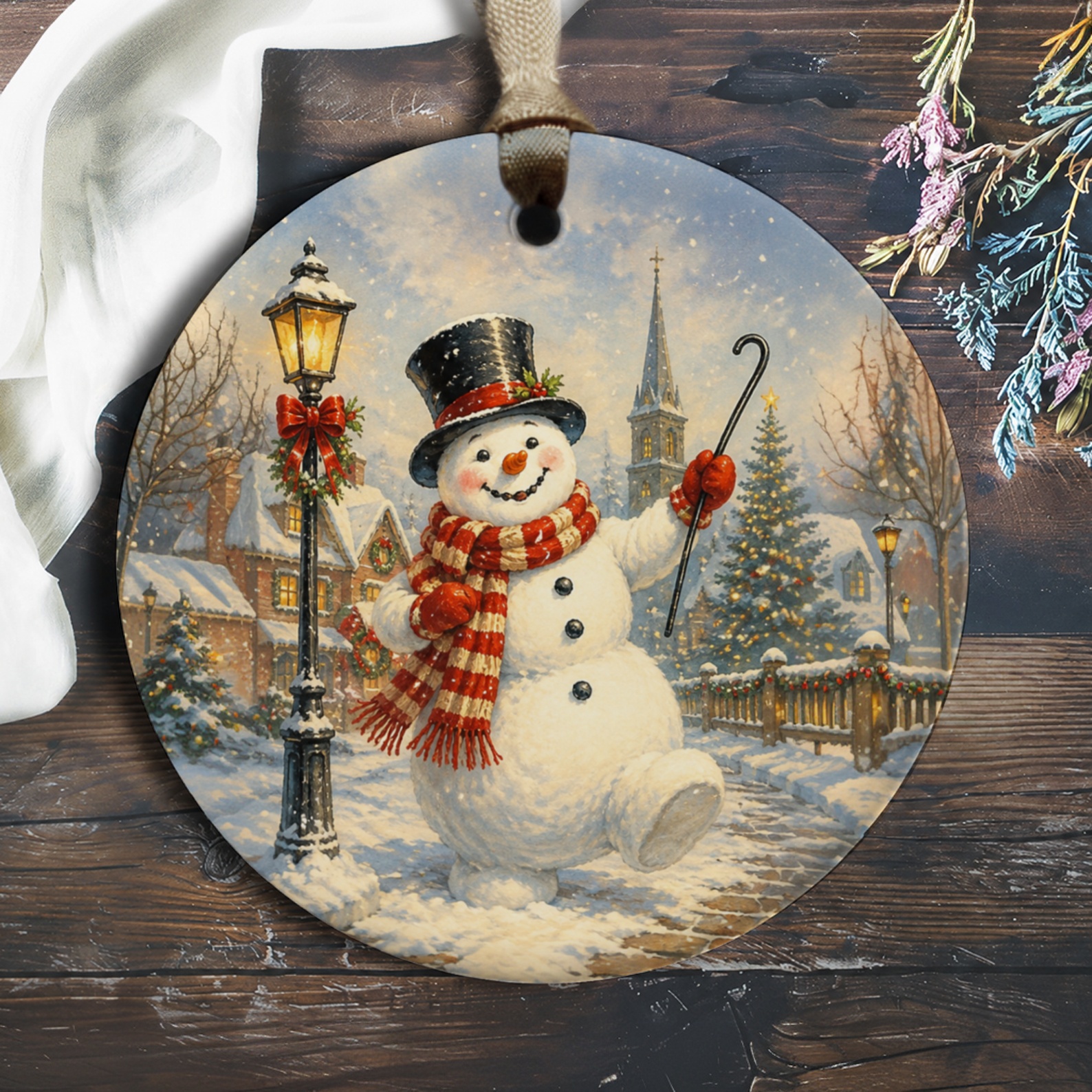 Snowman Christmas Ornament Winter Scene Holiday Decor Festive Tree Decoration Cute Snowy Village Art Gift For Her O220