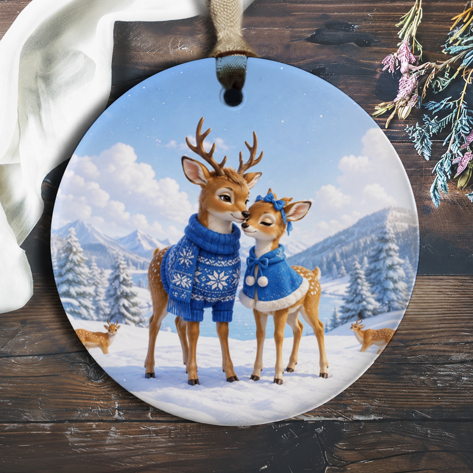 Deer Couple Winter Ornament Cute Christmas Decoration Holiday Decor Snowy Scene For Animal Lovers Festive Home Decor O223