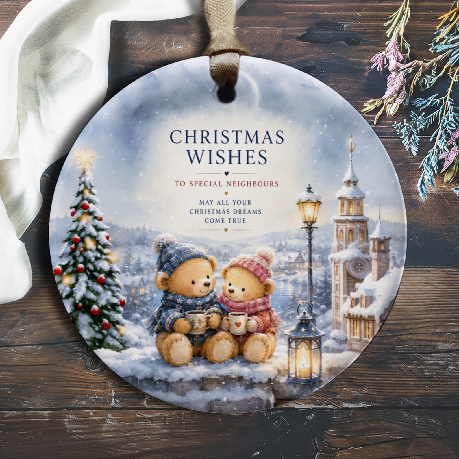 Christmas Wishes To Special Neighbours Ornament Cute Bears Christmas Tree Holiday Decor Winter Scene Gift O226