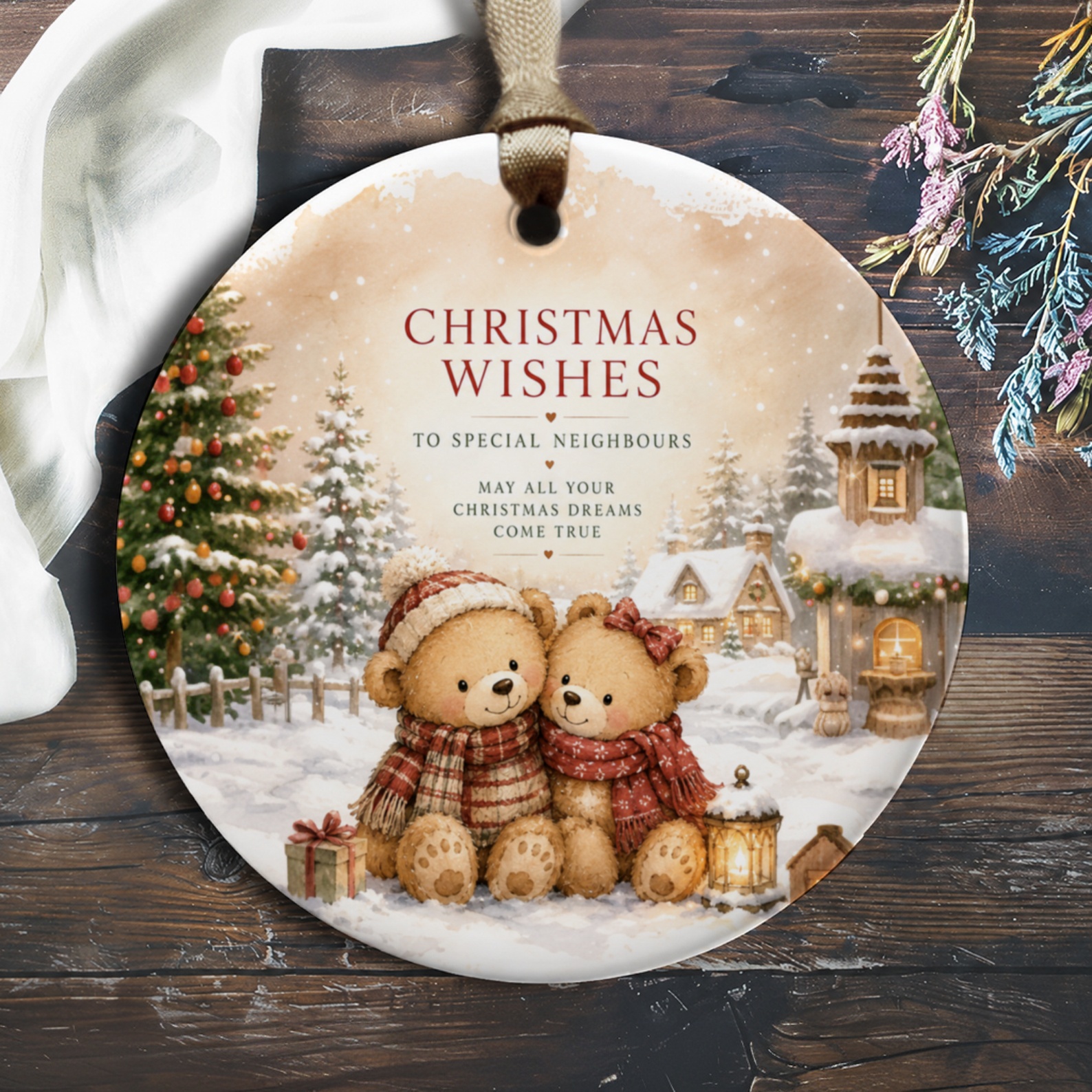 Christmas Wishes To Special Neighbours Ornament Cute Bear Winter Scene Christmas Ornament Holiday Decor Gift O227