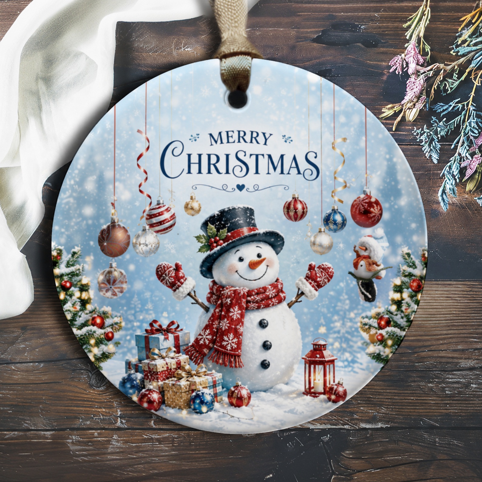 Merry Christmas Ornament Snowman With Decorations Holiday Decor Winter Scene Festive Tree Hanging Gift Idea O233
