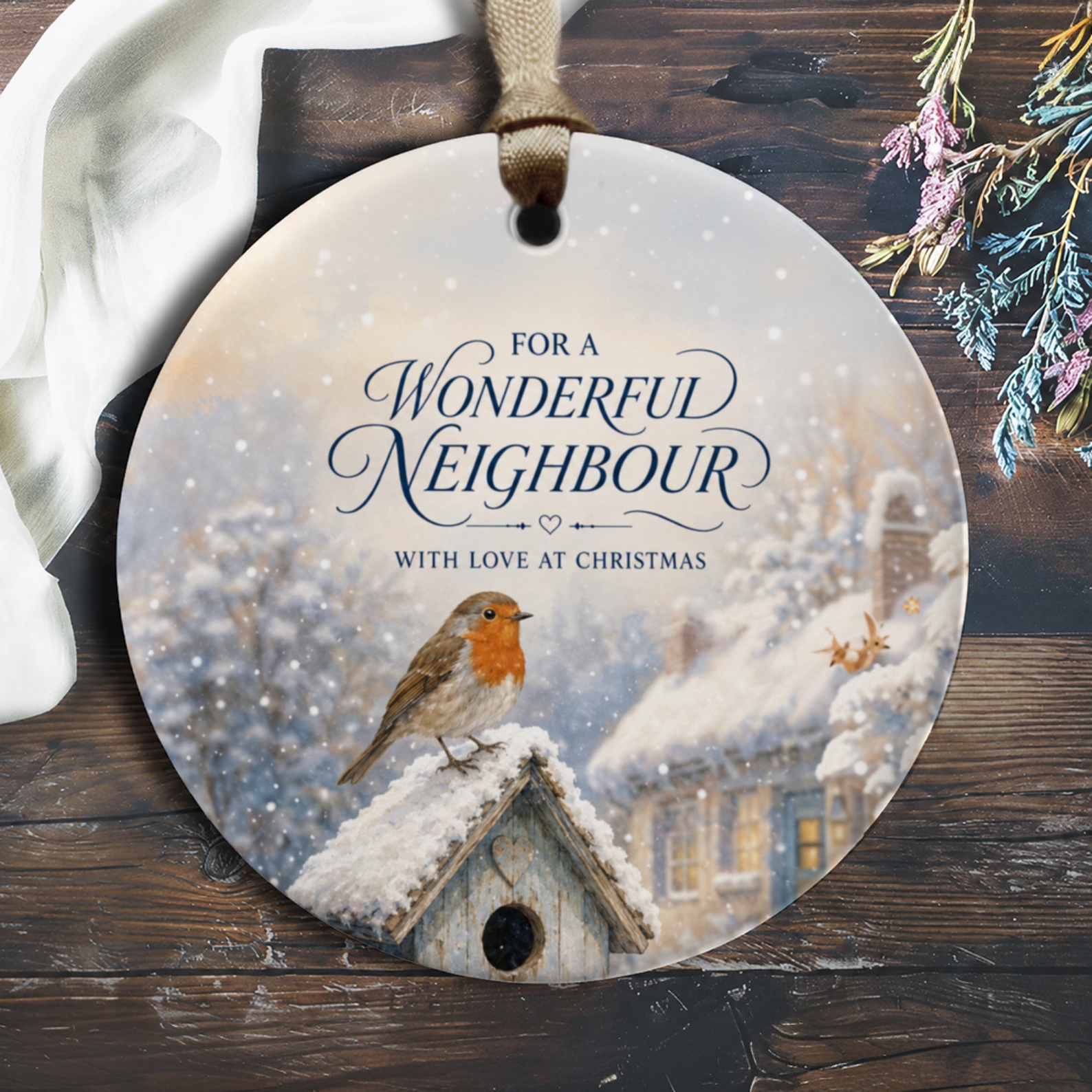 For A Wonderful Neighbour With Love At Christmas Ornament Robin Birdhouse Winter Scene Christmas Decoration Gift O236