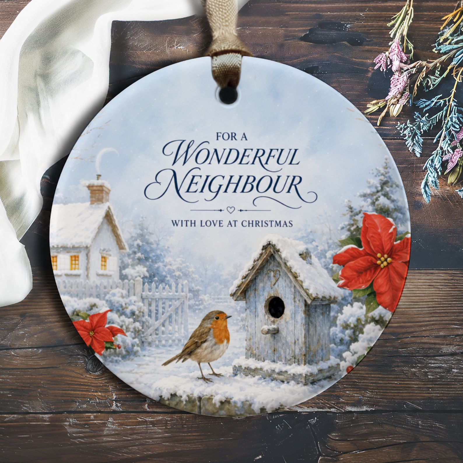 For A Wonderful Neighbour With Love At Christmas Ornament Winter Scene Robin Poinsettias Holiday Decor Gift O237