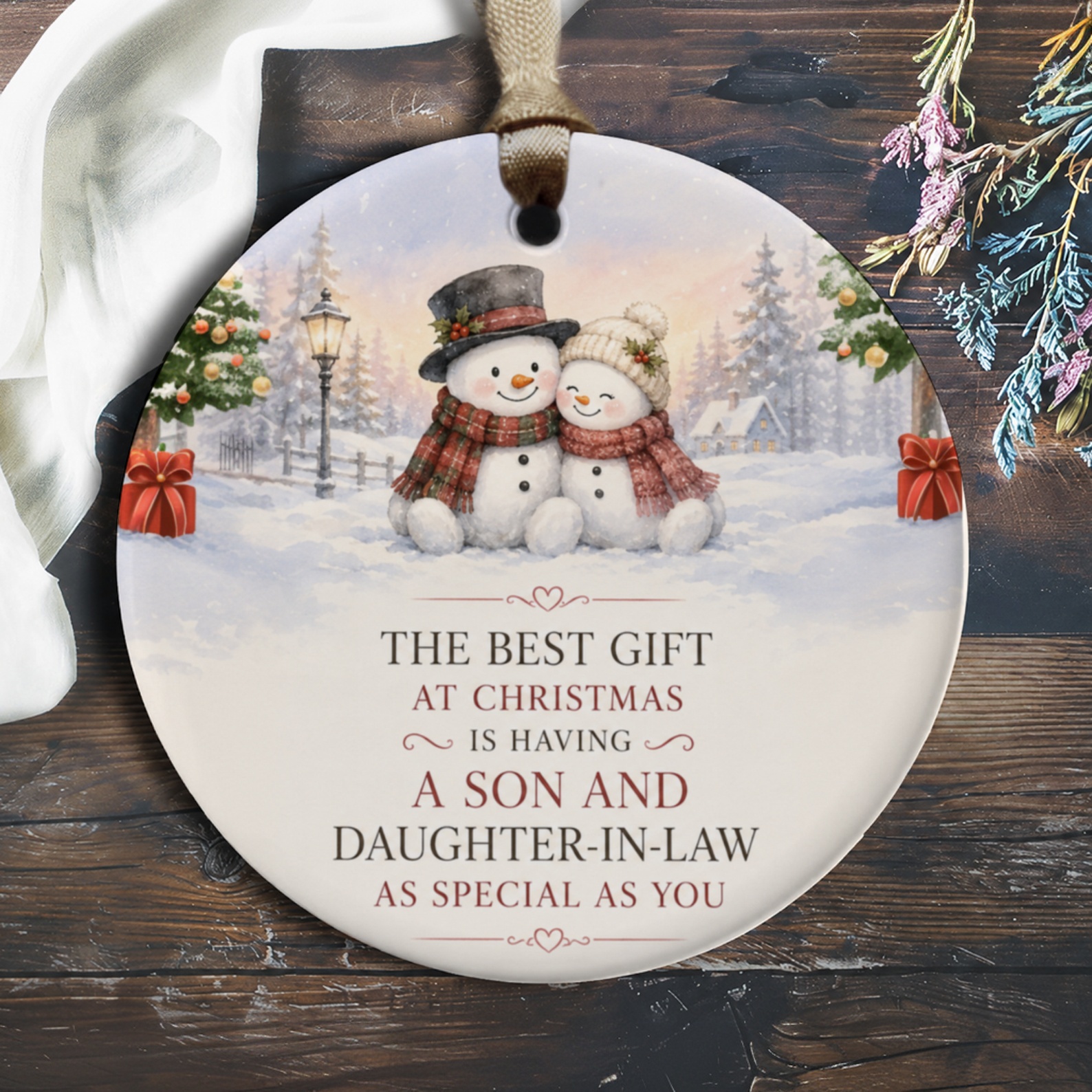The Best Gift At Christmas Ornament Son Daughter-In-Law Special Snowman Couple Winter Scene Holiday Decor O239