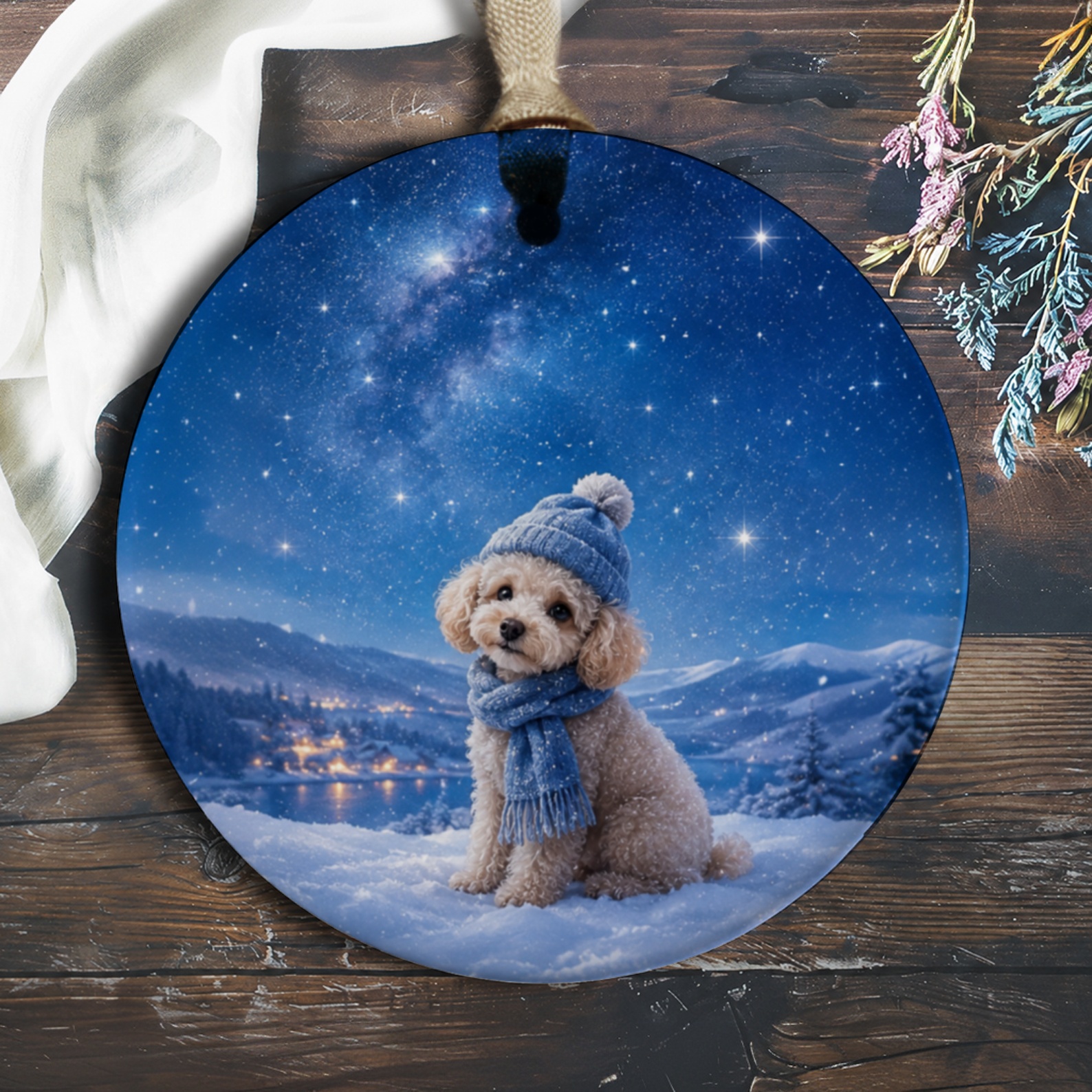 Cute Dog Winter Scene Ornament Christmas Decoration Cozy Holiday Decor Gift For Dog Lovers Adorable Puppy Snowy Night O240