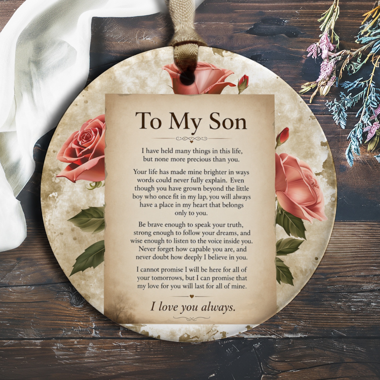 To My Son Sentimental Ornament Heartfelt Message Keepsake Gift For Son With Roses Meaningful Decorative Ornament O247