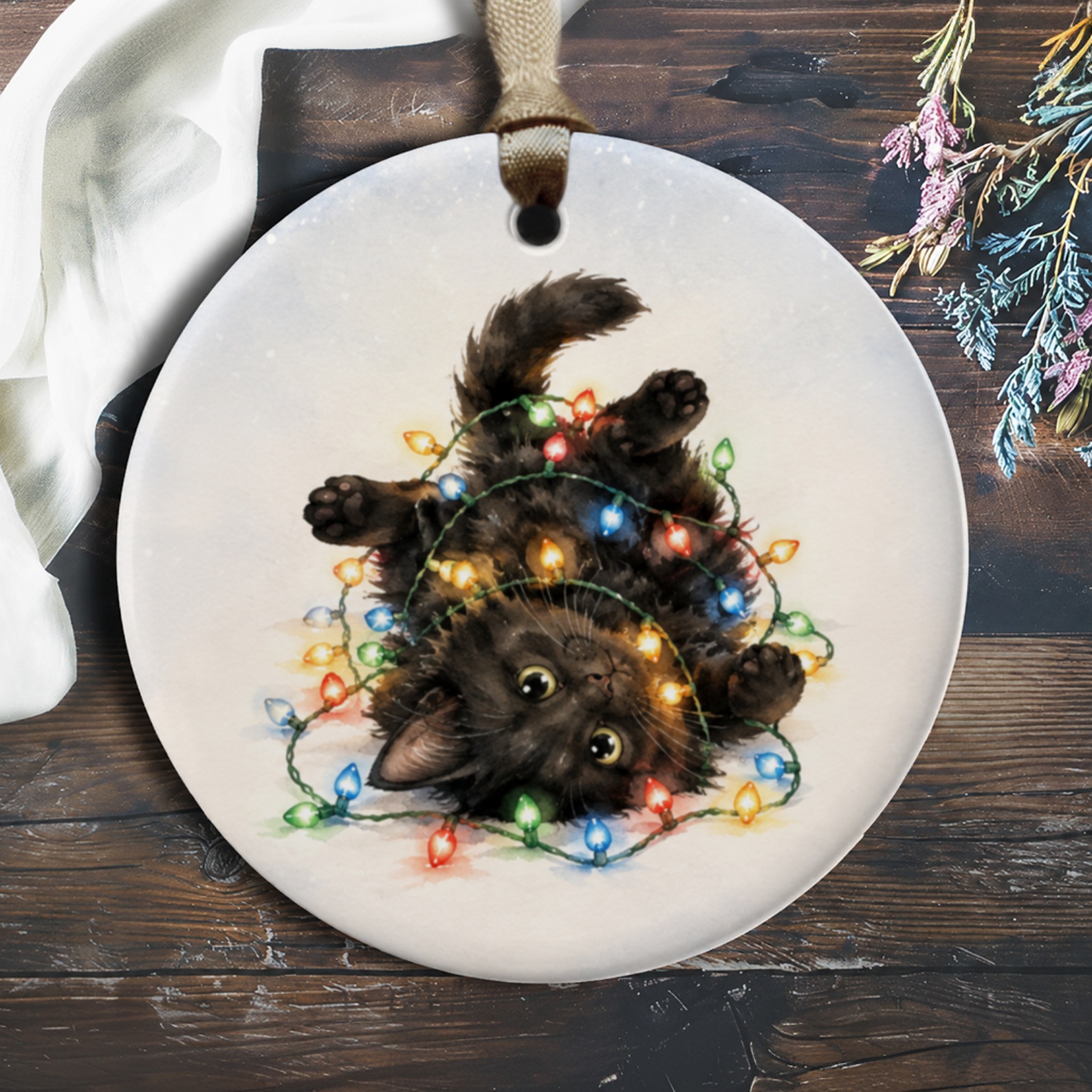 Black Cat Christmas Ornament Cute Holiday Decor Cat Lover Gift Festive Tree Decoration Adorable Kitten With Lights O249