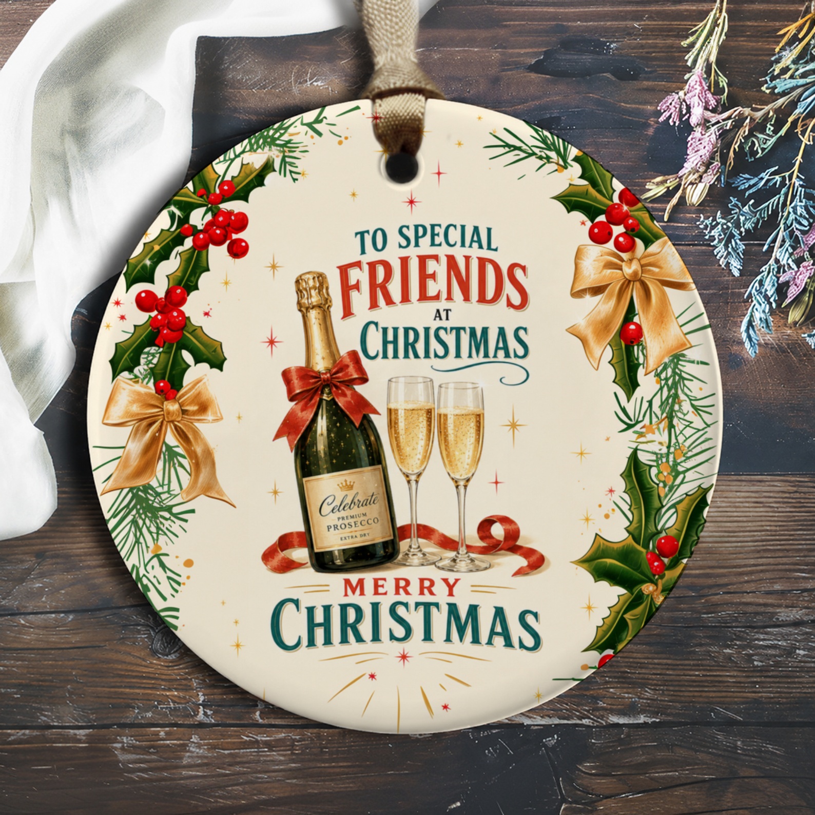 To Special Friends At Christmas Merry Christmas Ornament Holiday Decor Champagne Bottle Holly Festive Gift For Friends O217