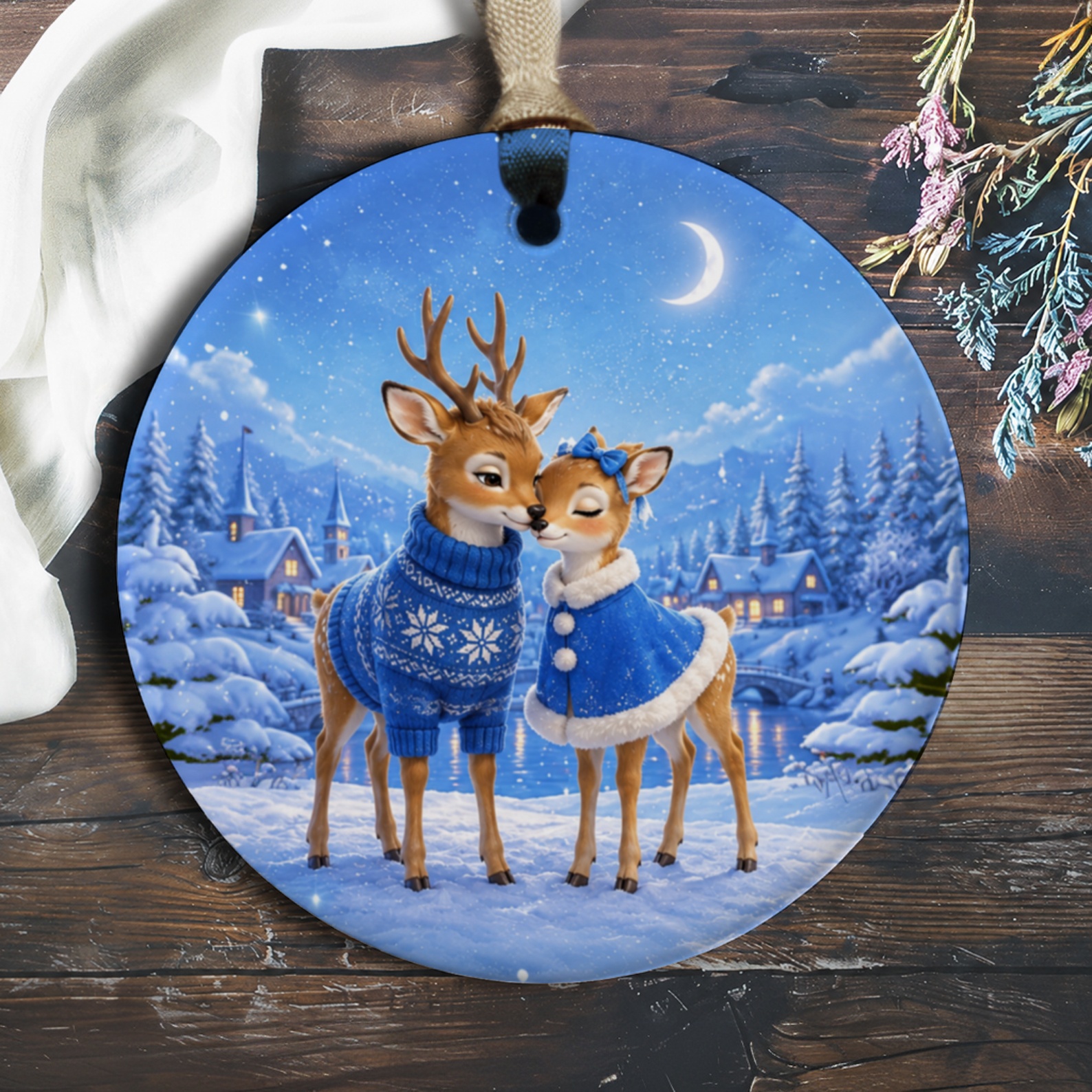 Deer Couple Winter Scene Ornament Christmas Decoration Cute Holiday Decor Snowy Landscape Gift For Animal Lovers O222