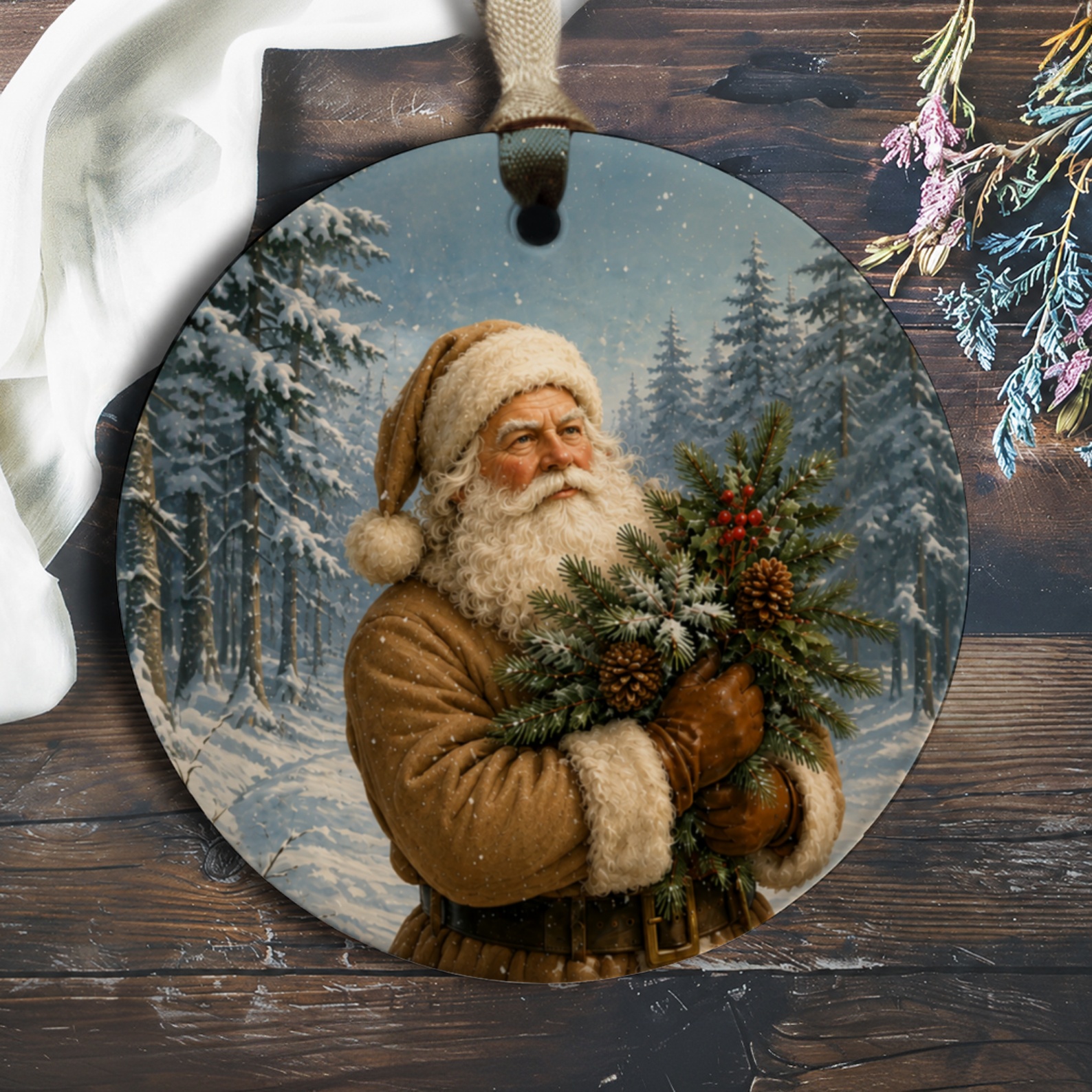 Santa Claus Christmas Ornament Winter Scene Holiday Decor Festive Tree Decoration Vintage Style Santa Holding Greenery O228