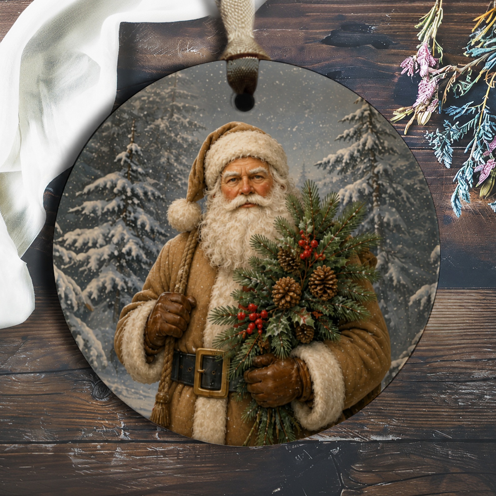 Santa Claus Christmas Ornament Rustic Holiday Decor Winter Pine Berries Festive Tree Decoration Vintage Style O229