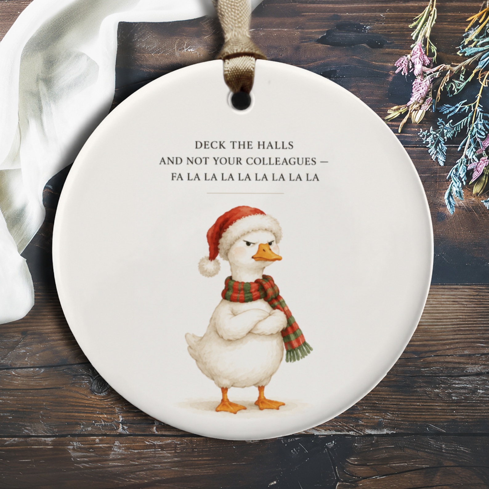 Deck The Halls And Not Your Colleagues Christmas Ornament Funny Duck Santa Hat Holiday Decor Fa La La O254