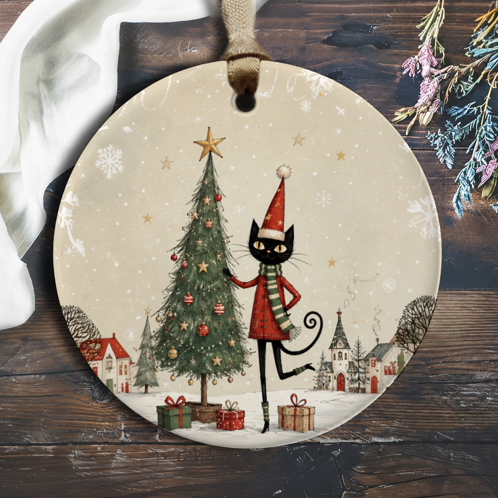 Cat With Christmas Tree Ornament Festive Holiday Decor Cute Cat Lover Gift Winter Wonderland Scene Christmas Ornament O257
