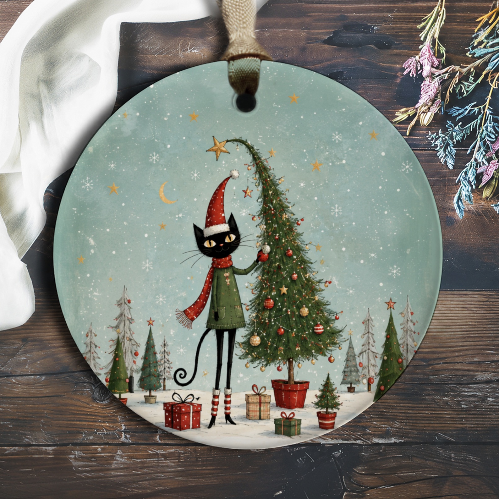 Cat With Christmas Tree Ornament Festive Holiday Decor Cute Cat Lover Gift Winter Wonderland Scene Christmas Ornament O258
