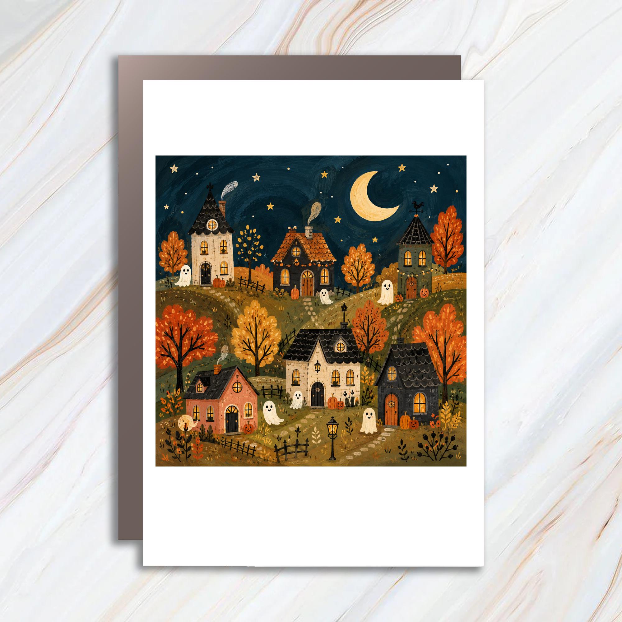 Halloween Village Scene Greeting Card Cute Ghosts Autumn Night Spooky Houses Halloween Card For Friend Fun Seasonal Card C940