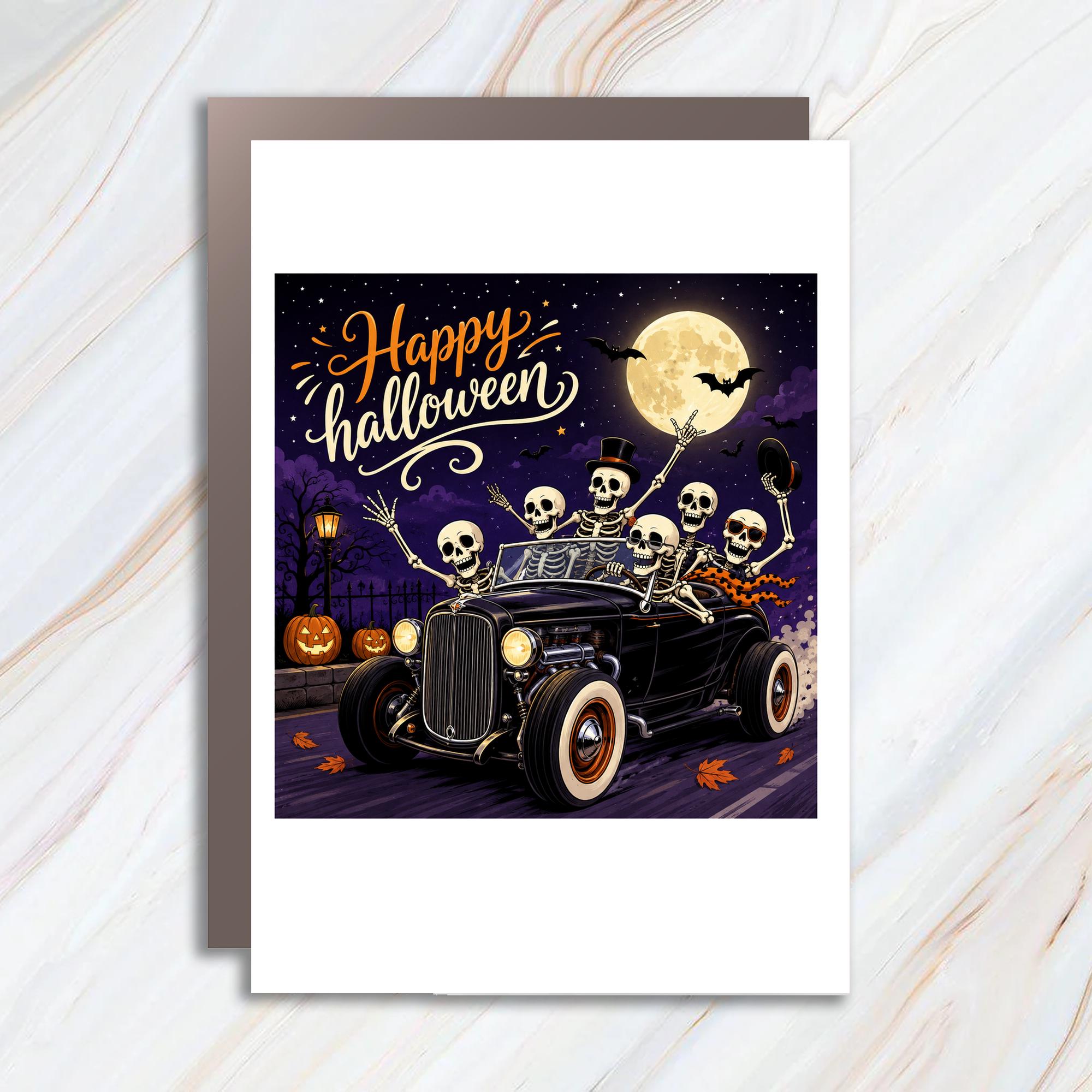 Happy Halloween Skeletons In Car Halloween Card Spooky Fun Greeting Card For Halloween Party Cute Skeleton C941