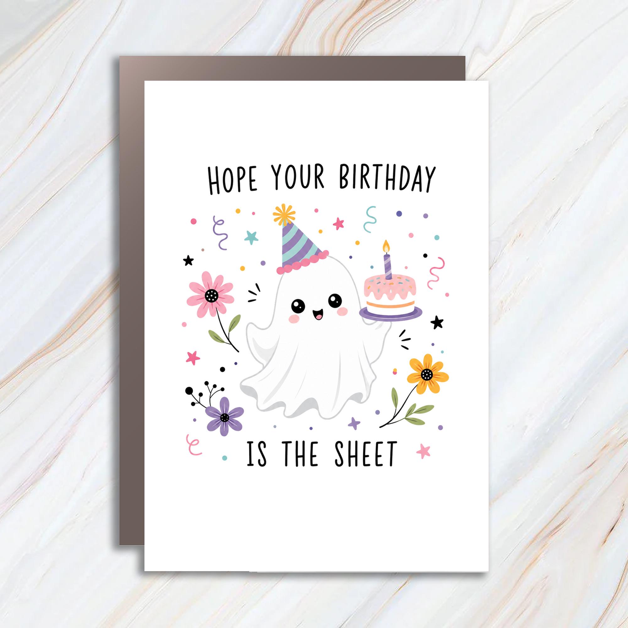Hope Your Birthday Is The Sheet Funny Birthday Card Cute Ghost With Cake For Friend Greeting Card Celebration C942