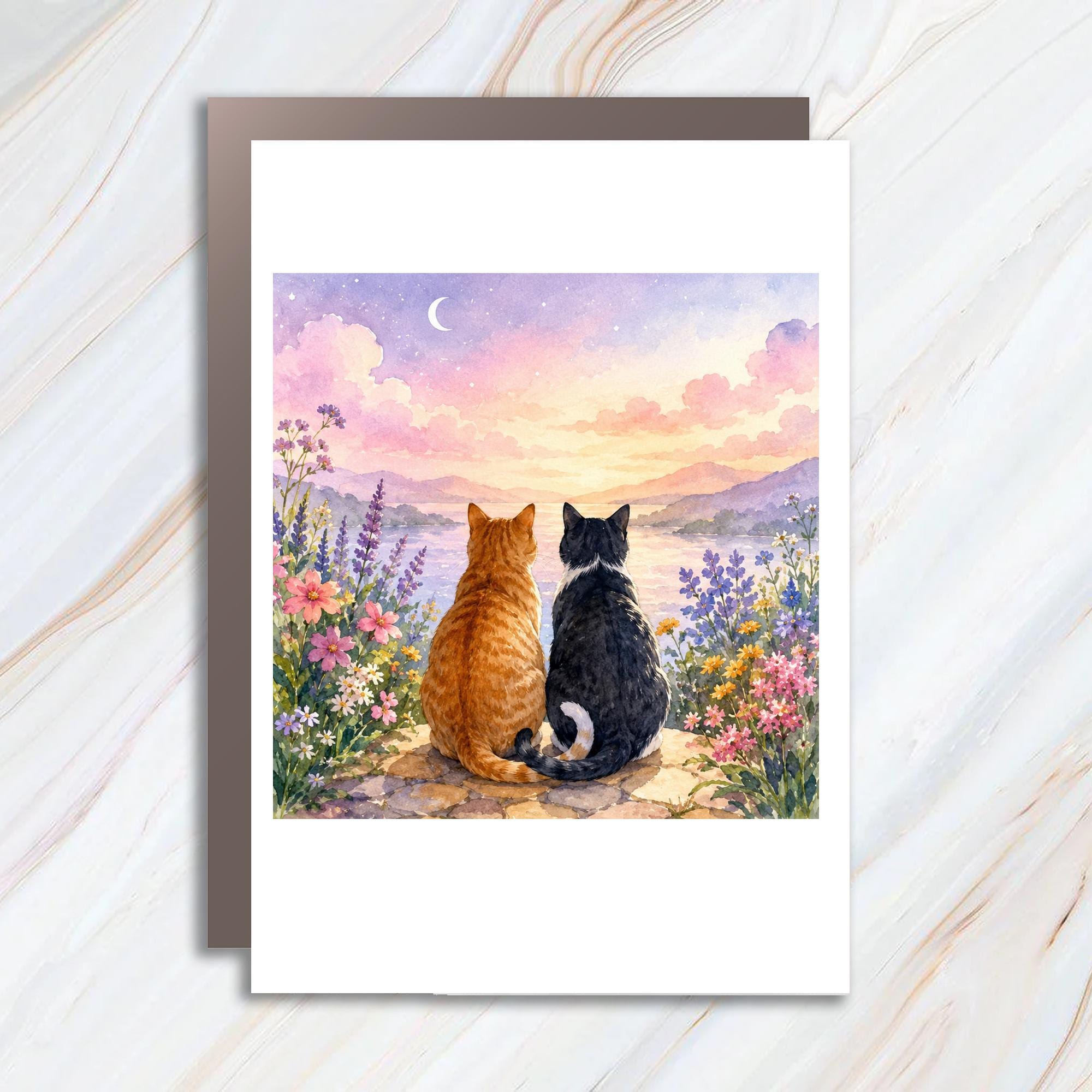 Cat Love Card Watercolor Cats Watching Sunset Blank Greeting Card Romantic Animal Card For Cat Lover Anniversary Card C947
