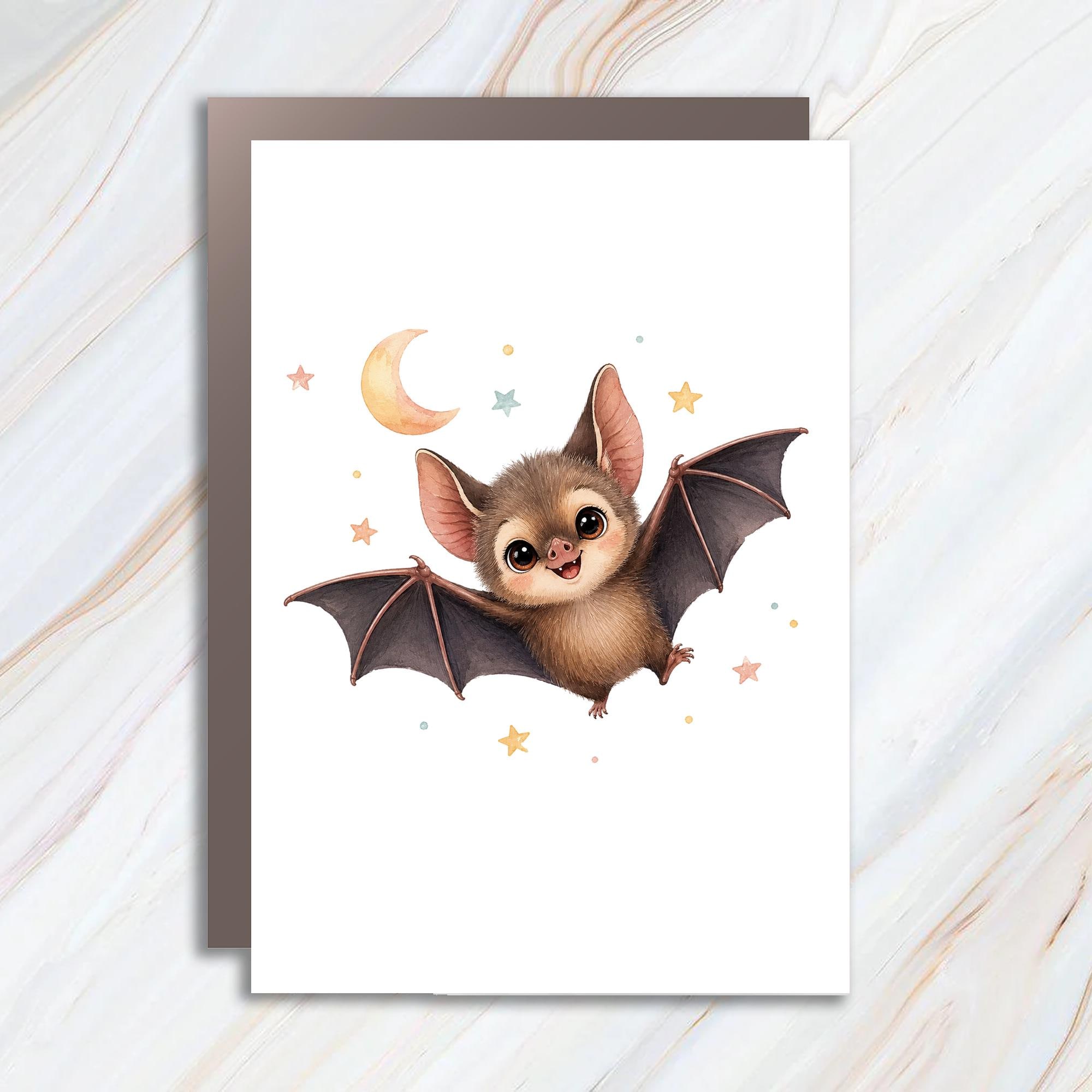 Cute Bat Greeting Card Adorable Animal Blank Card For Kids Halloween Card Starry Night Illustration C943