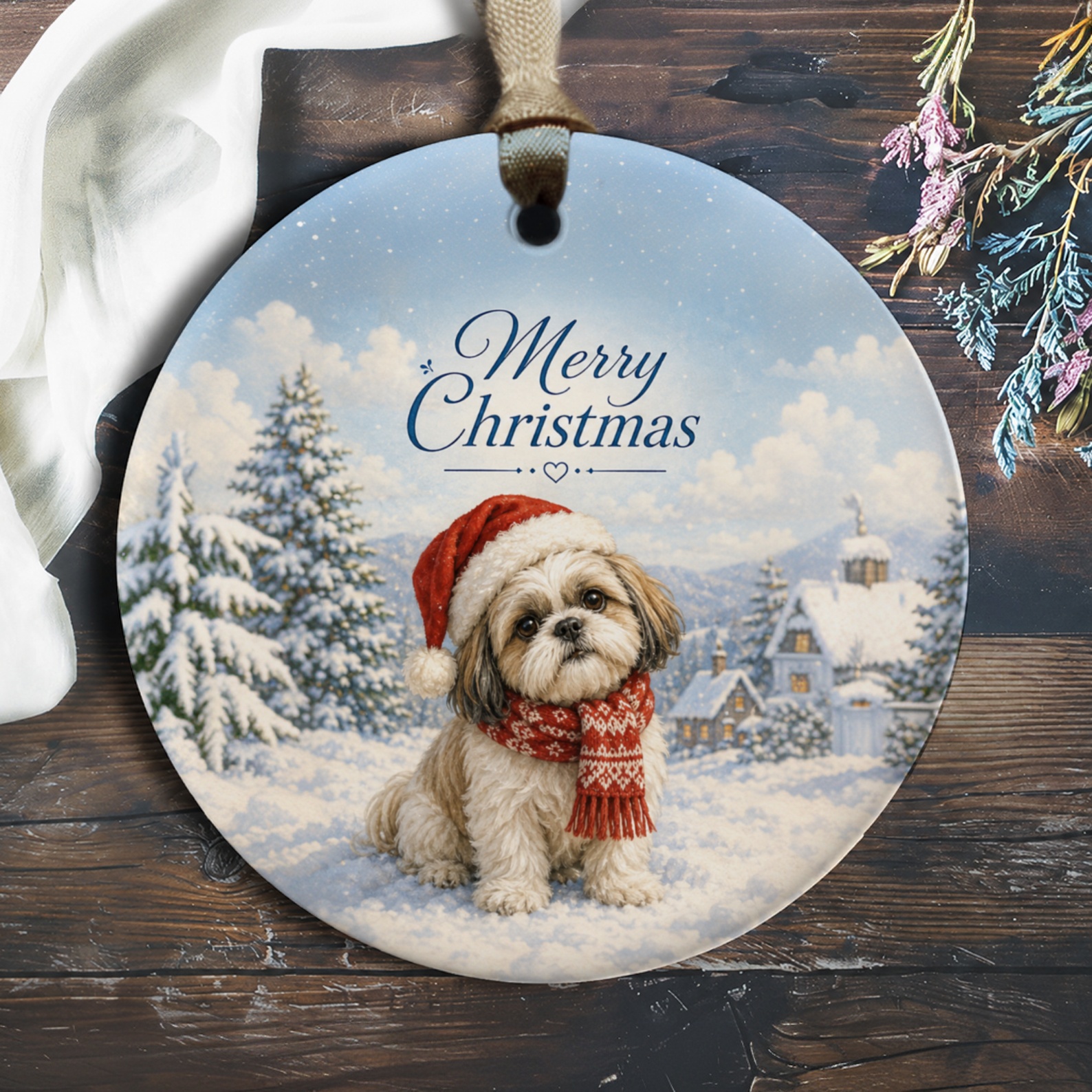 Merry Christmas Ornament Cute Dog In Santa Hat Holiday Decoration Winter Scene Festive Home Decor Gift O270