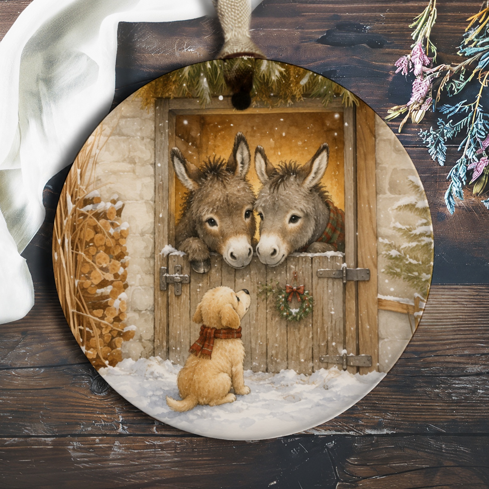 Puppy And Donkeys Christmas Ornament Winter Scene Cute Animal Holiday Decor Rustic Farmhouse Style Gift O272