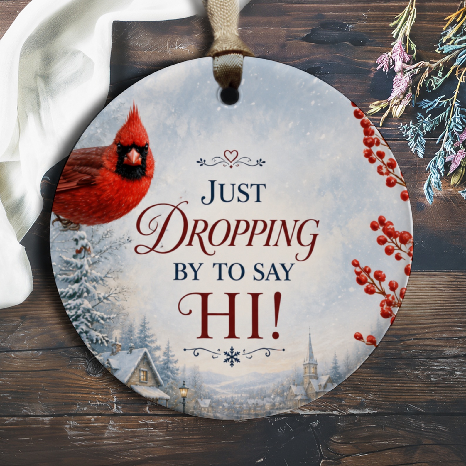 Just Dropping By To Say Hi! Christmas Ornament Cardinal Winter Scene Holiday Decor Festive Red Bird Ornament O273