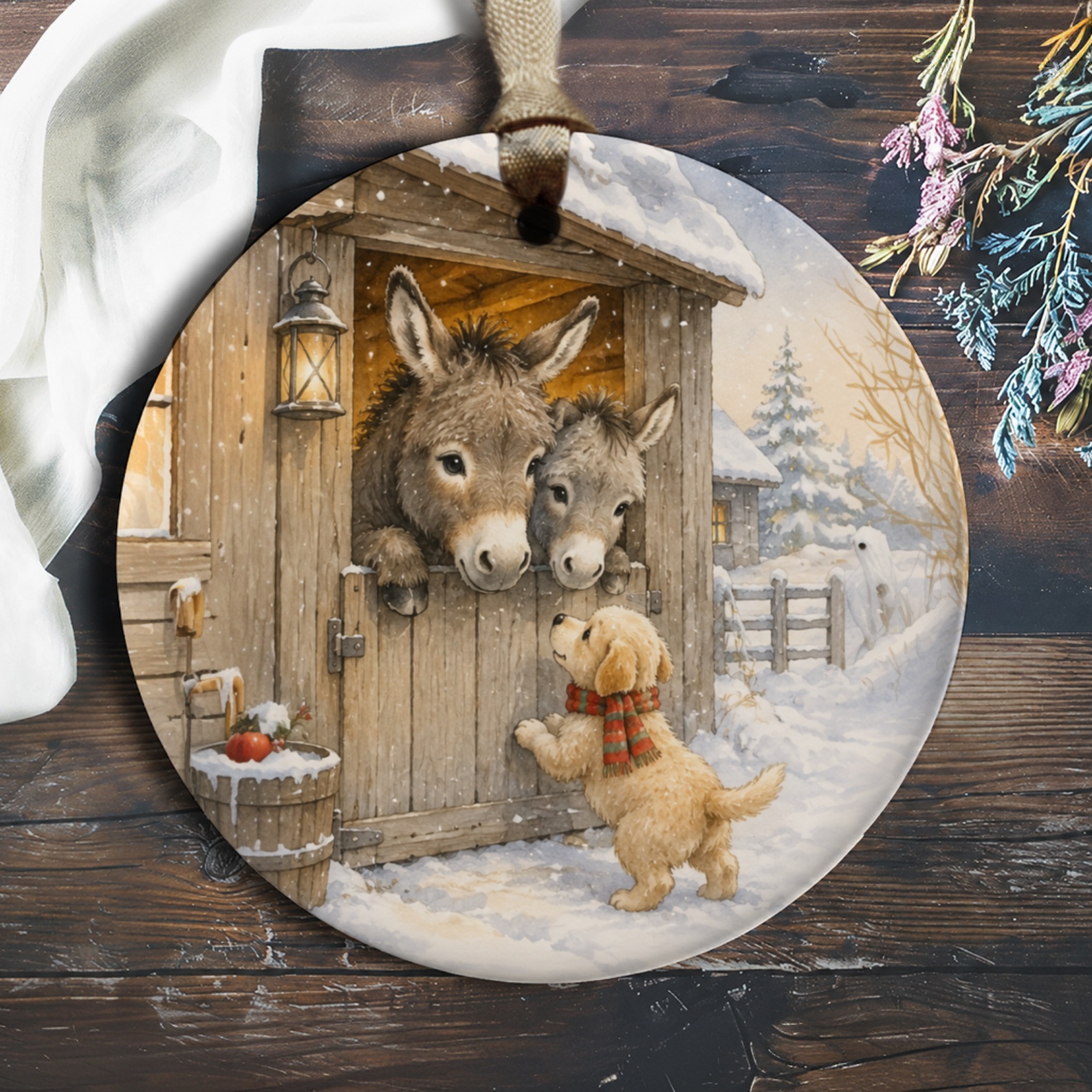 Donkeys And Puppy Christmas Ornament Cute Winter Scene Holiday Decor Animal Lover Gift Rustic Farmhouse Style O271