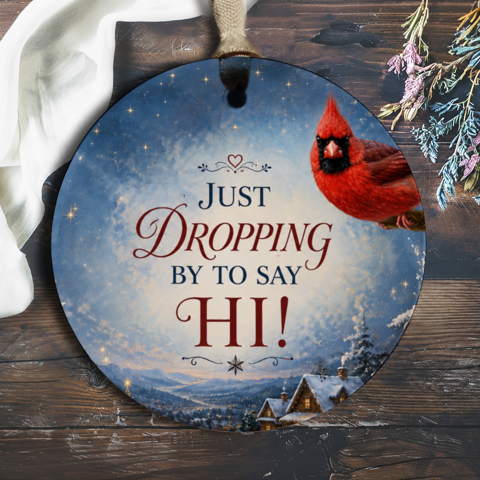 Just Dropping By To Say Hi! Christmas Ornament Cardinal Bird Winter Scene Holiday Decor Festive Hanging Decoration O274
