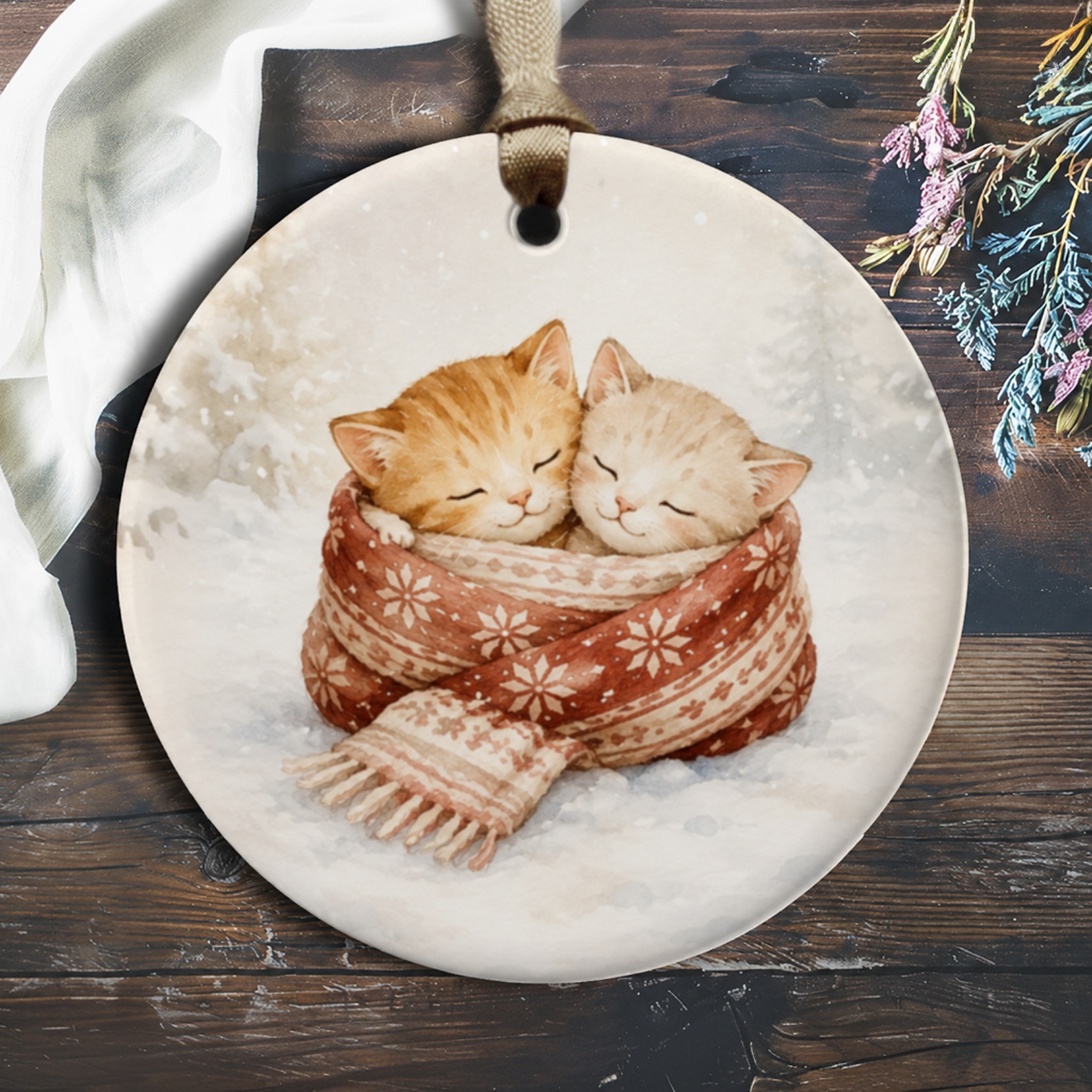 Cute Kitten Christmas Ornament Cozy Winter Cats Holiday Decor Animal Lover Gift Adorable Feline Snow Scene Ornament O276