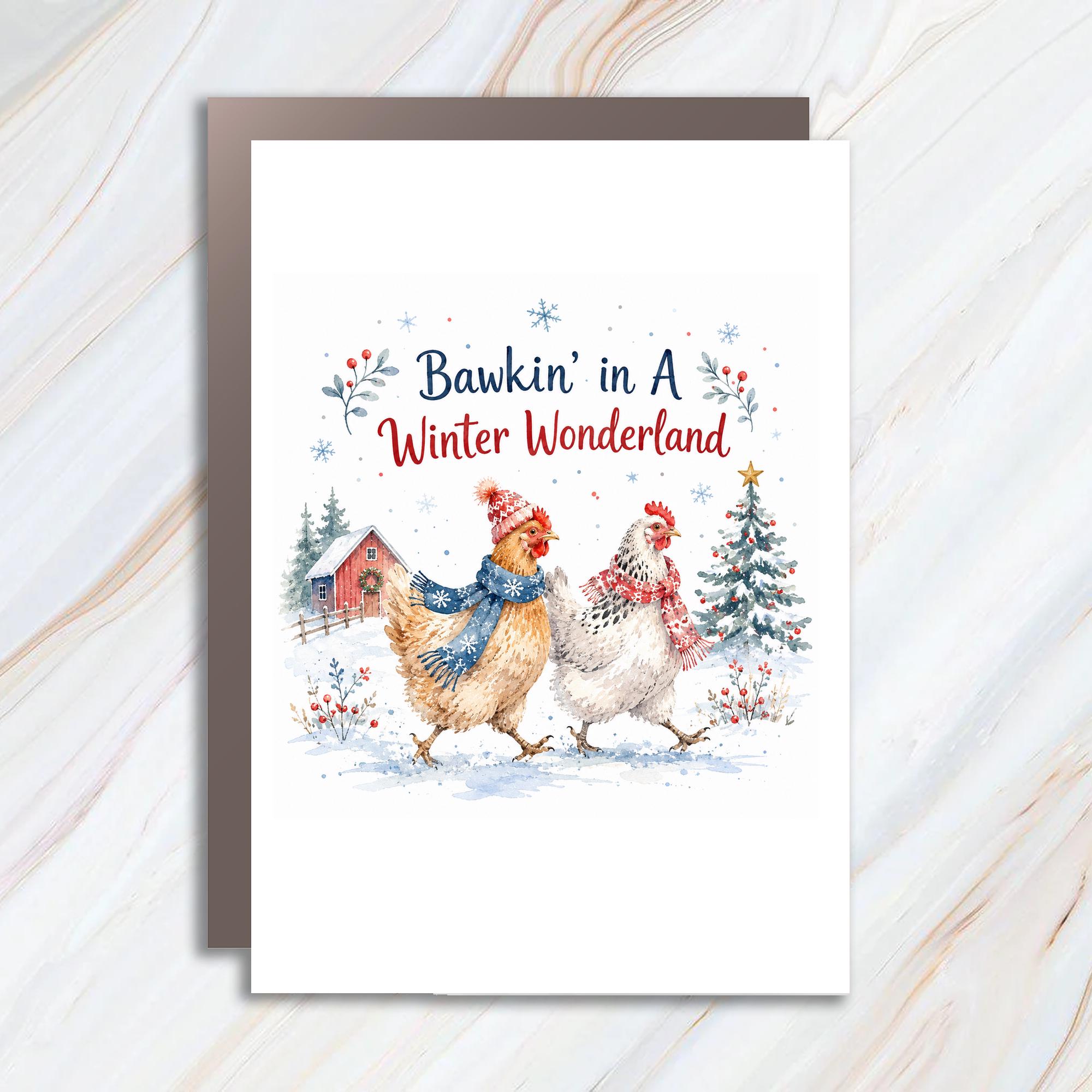 Bawkin' In A Winter Wonderland Christmas Card Cute Chickens Holiday Greeting Card Funny Farm Animal Winter Scene C957