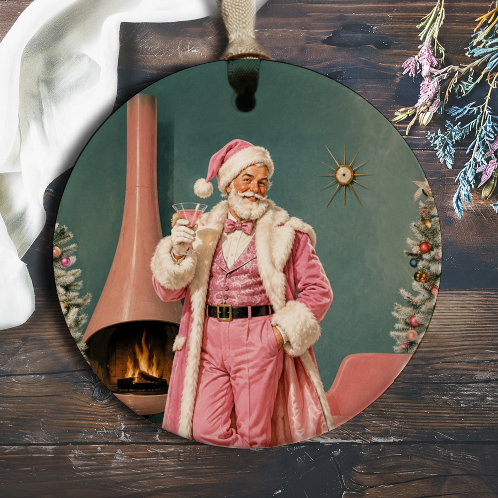 Retro Santa In Pink Suit Christmas Ornament Vintage Holiday Decor Festive Tree Decoration Unique Santa Claus Ornament O278