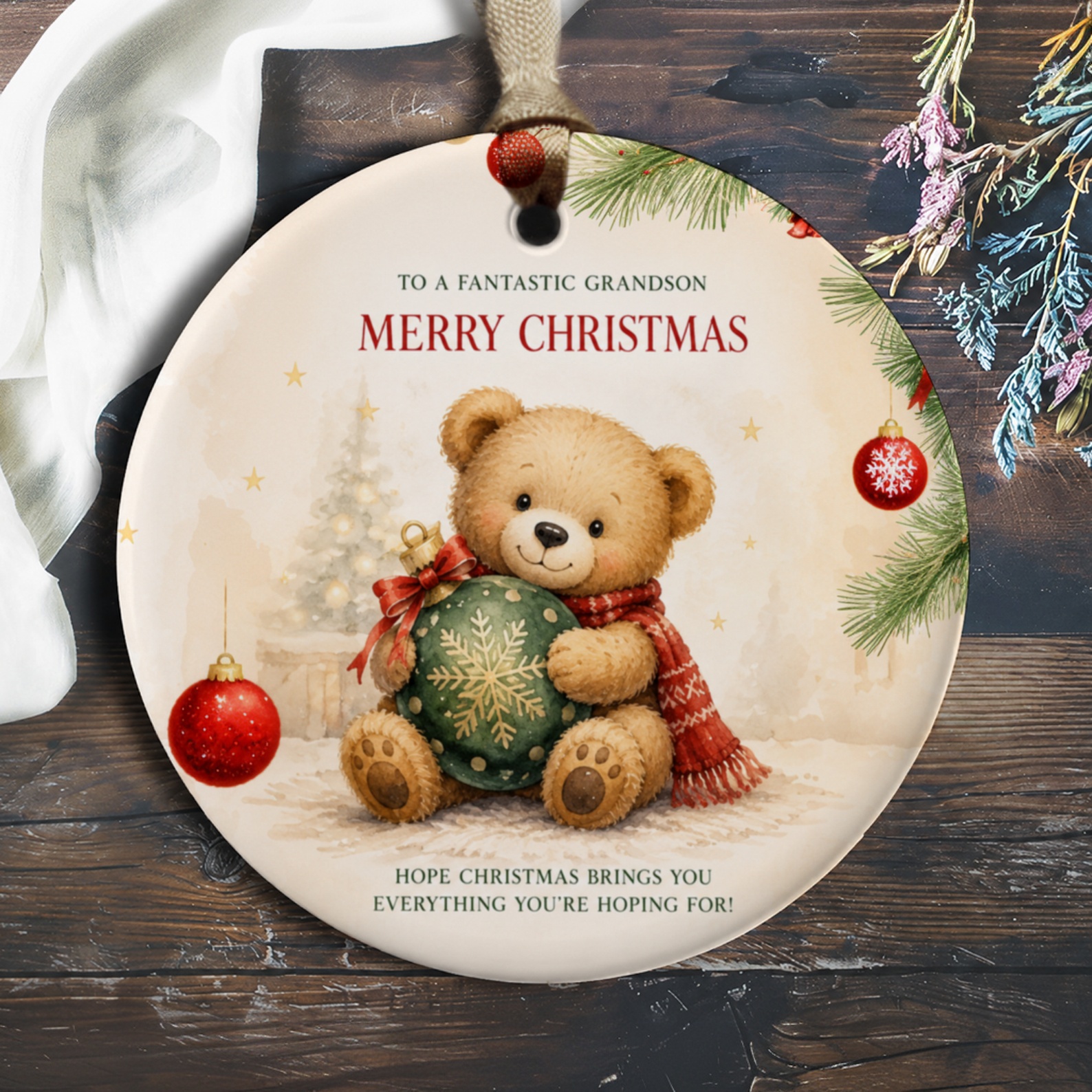 To A Fantastic Grandson Merry Christmas Ornament Cute Teddy Bear Christmas Ornament For Grandson Holiday Decor Gift O279