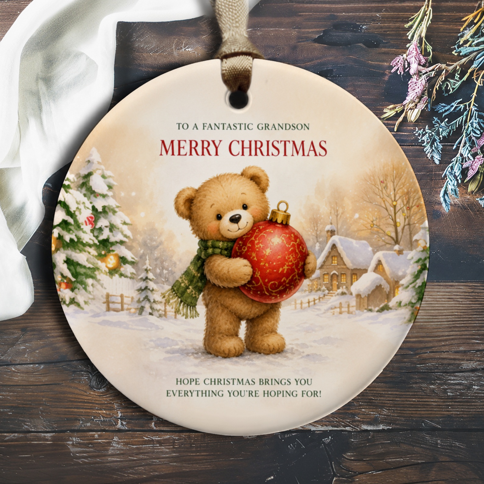To A Fantastic Grandson Merry Christmas Ornament Cute Bear Holiday Decoration Grandson Gift Winter Scene Festive Decor O280