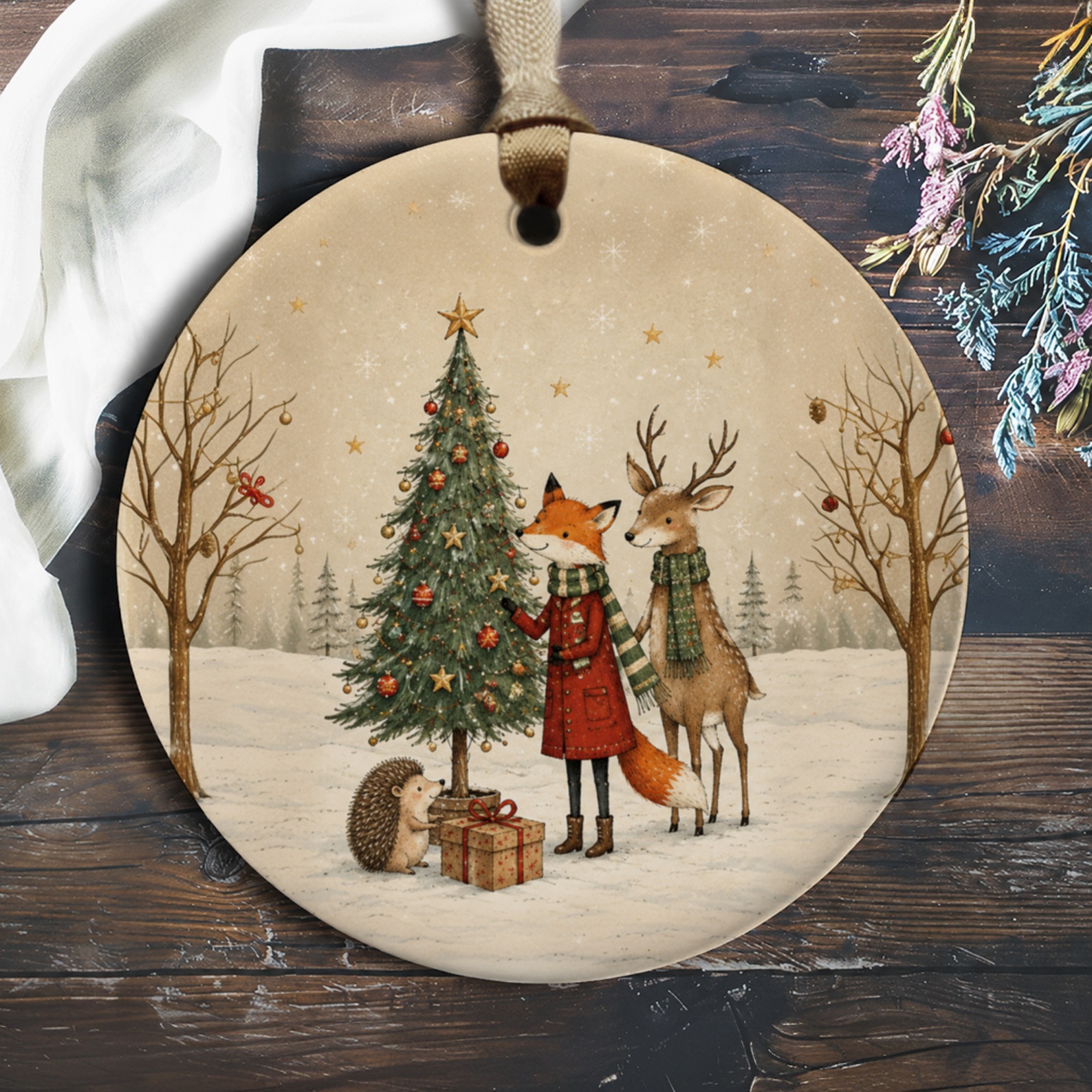 Fox And Deer Christmas Ornament Woodland Animal Holiday Decor Cute Winter Scene Tree Decoration Gift For Nature Lover O285